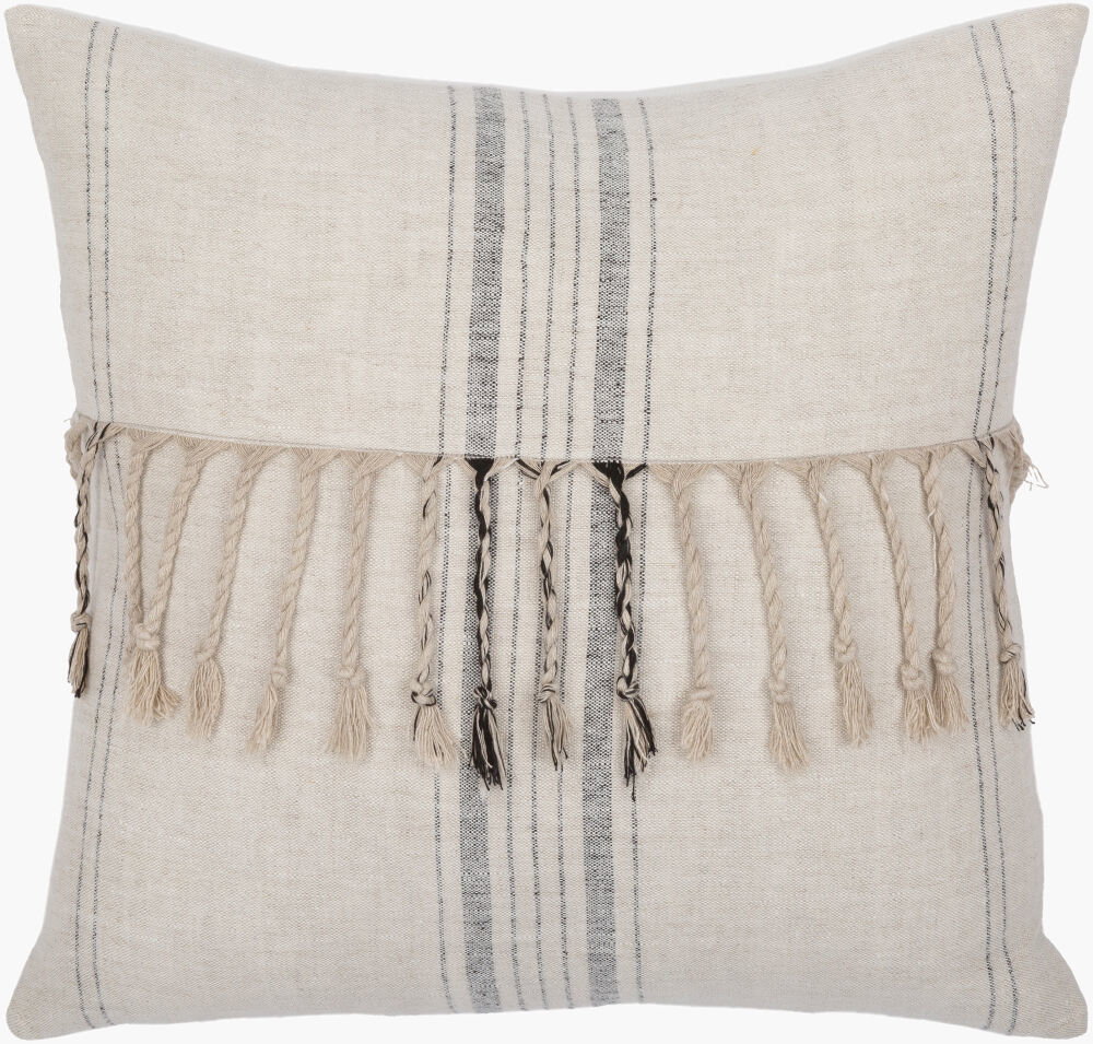 Linen Stripe Embellished Accent Pillow Poly, Decorative Pillow by Surya, 18" length x 18" width