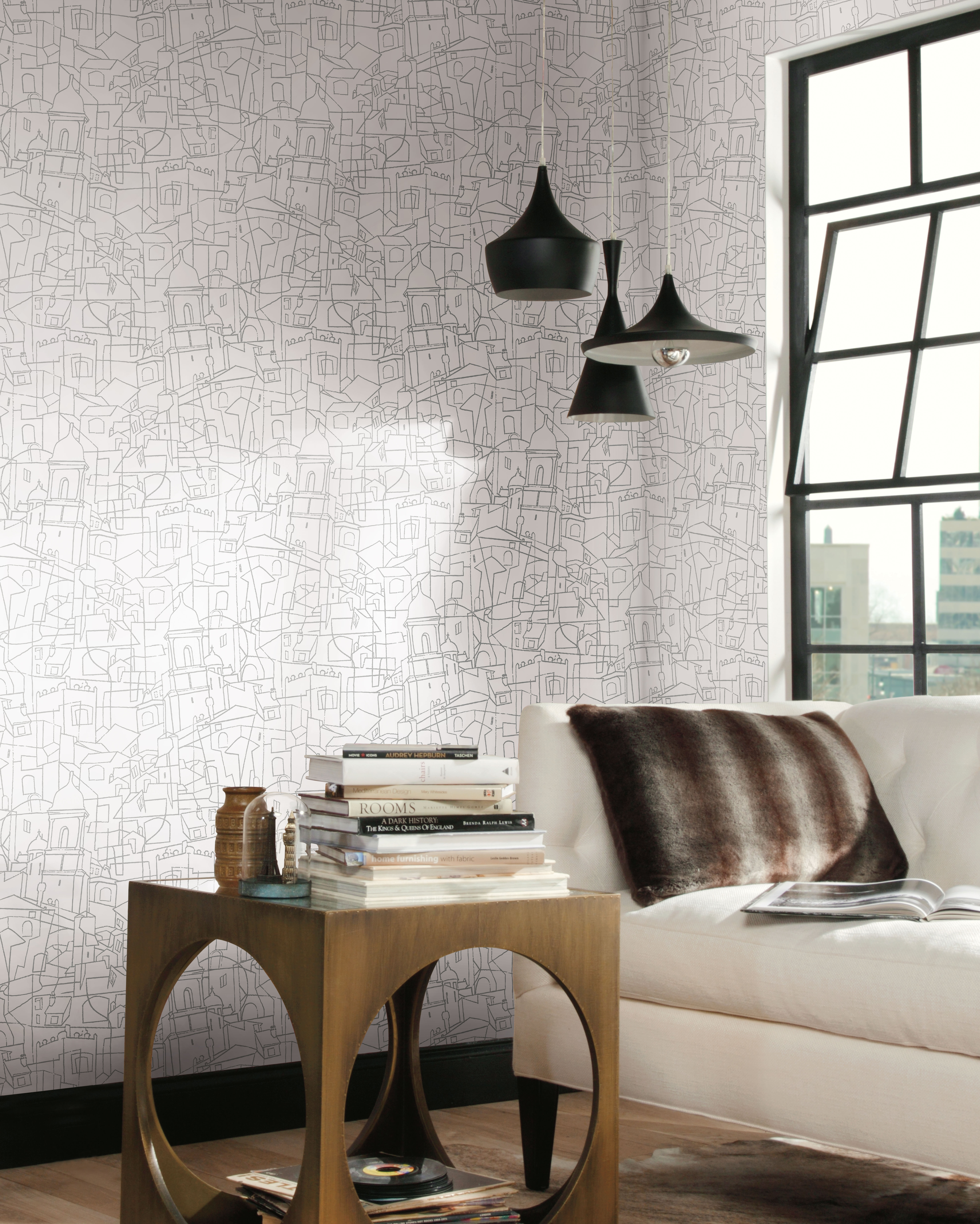 Cubist Cityscape Grey Peel & Stick Wallpaper large image 