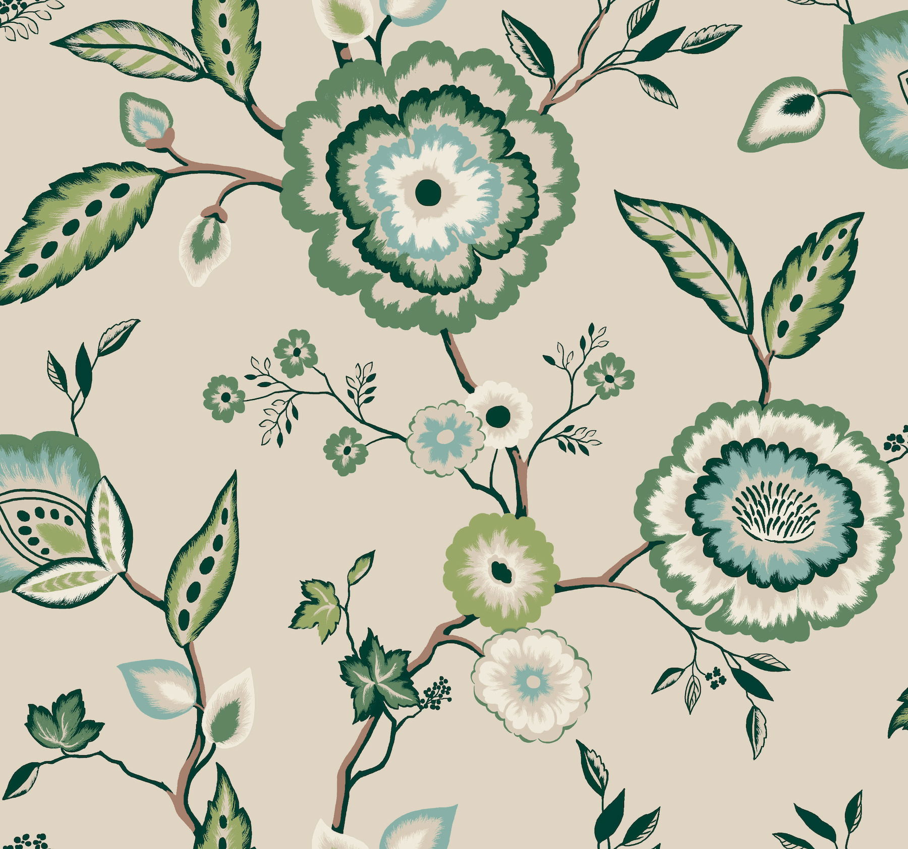 Dahlia Blooms Green & Beige Wallpaper large image 