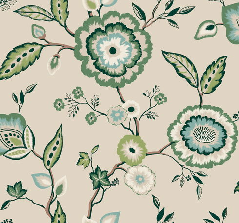 Dahlia Blooms Green & Beige Wallpaper
