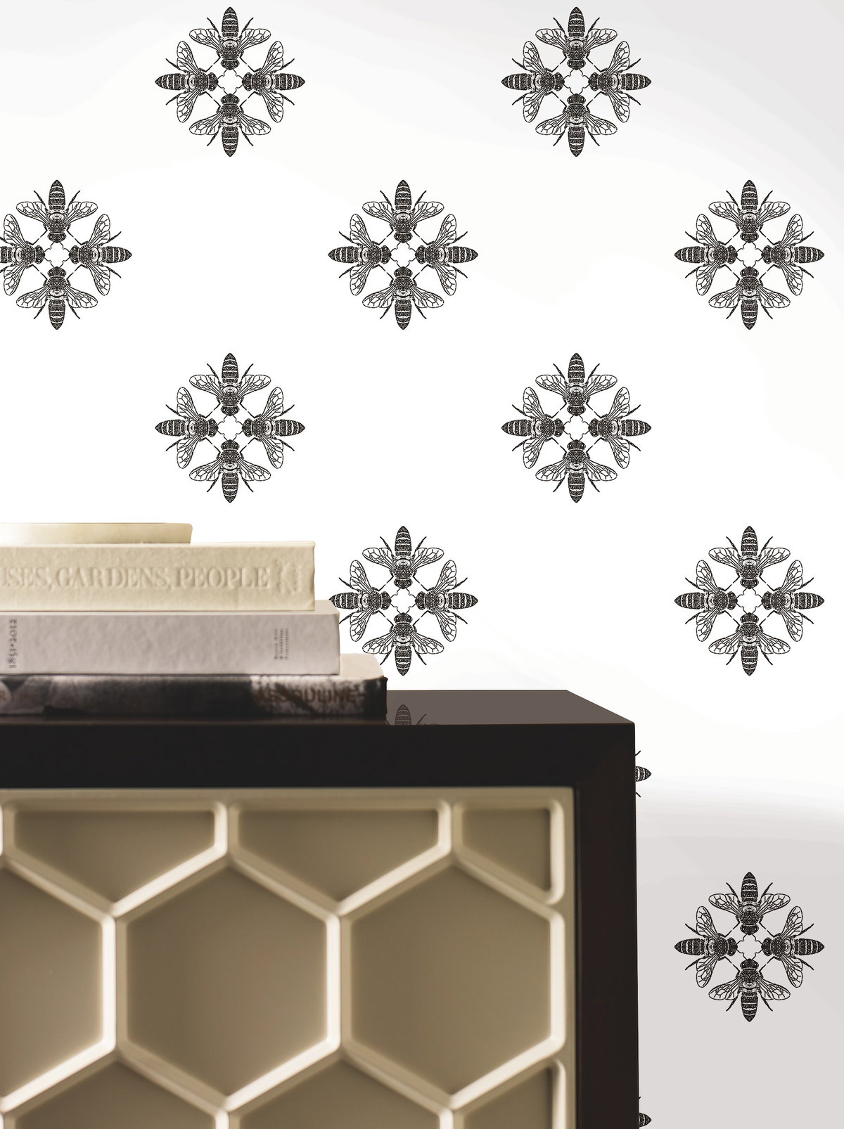 Honey Bee Black & White Wallpaper, by York Wall, 33' length x 1'8.5" width x 0.02" depth View 3