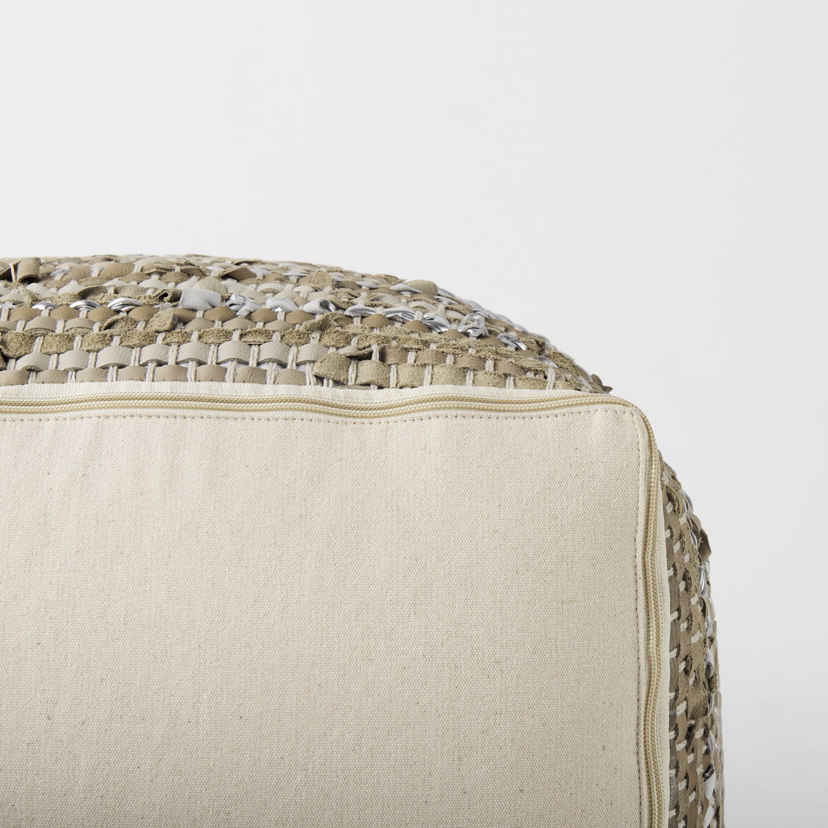 Aadhya  Taupe/Silver Leather and Cotton Pouf, Ottoman by Mercana, 16" length x 16" width x 16" height View 10