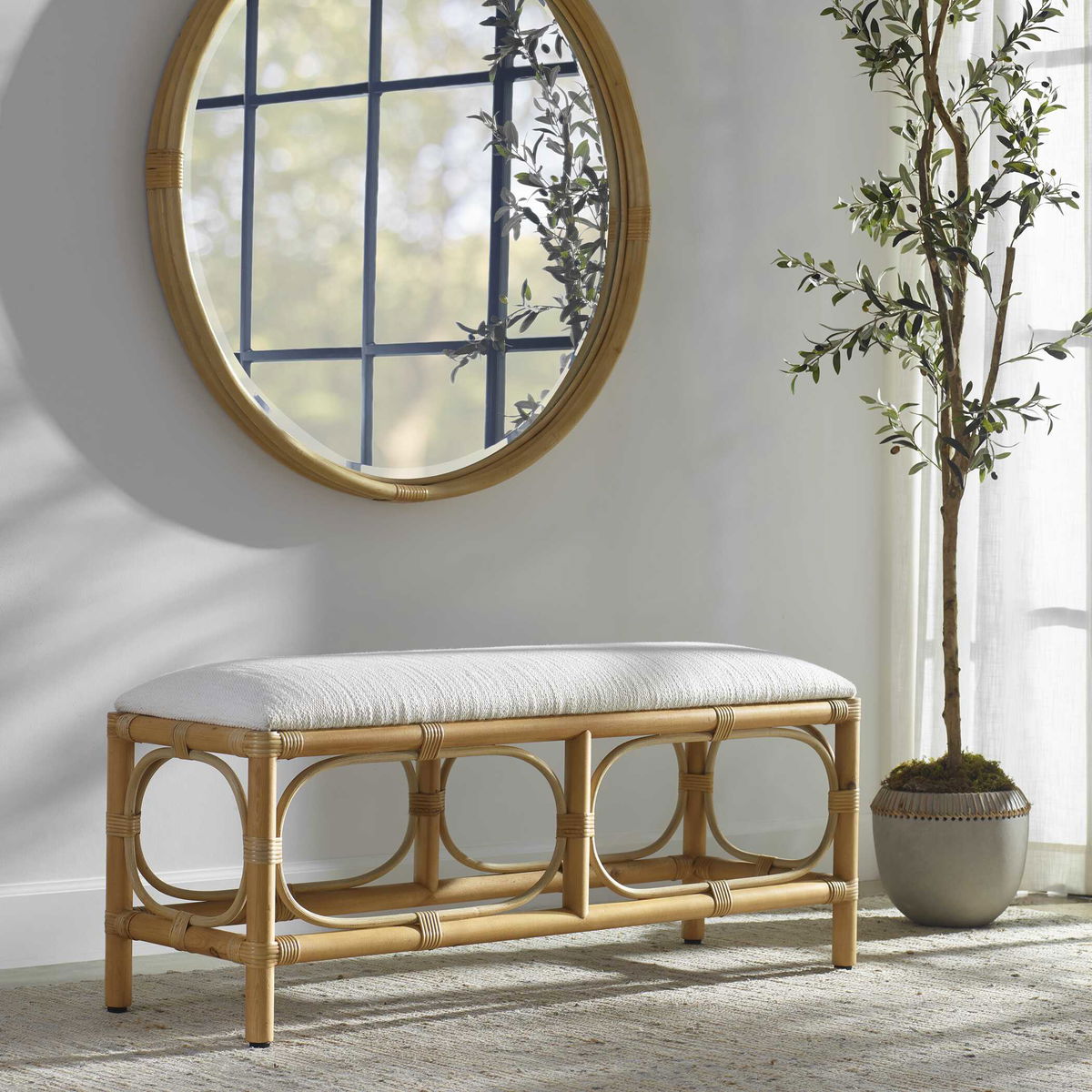 Laguna White Fabric Rattan Bench, Benche by Uttermost, 48" width x 20.5" height x 16" depth View 2