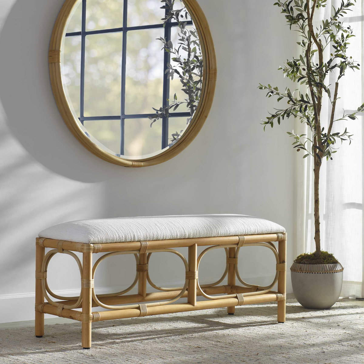 Laguna White Fabric Rattan Bench, Benche by Uttermost, 48" width x 20.5" height x 16" depth View 2