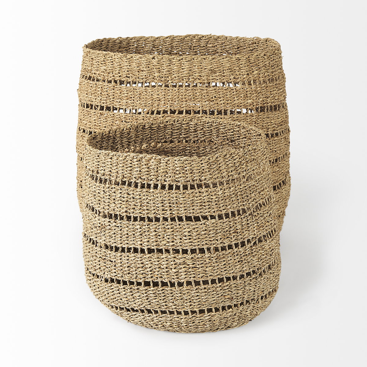 Hayes 17.7L x 17.7W x 11.8H (Set of 2) Medium Brown Seagrass Round Basket with Stripe Pattern, Bins & Basket by Mercana, 17.72" length x 17.72" width x 17.72" height View 3