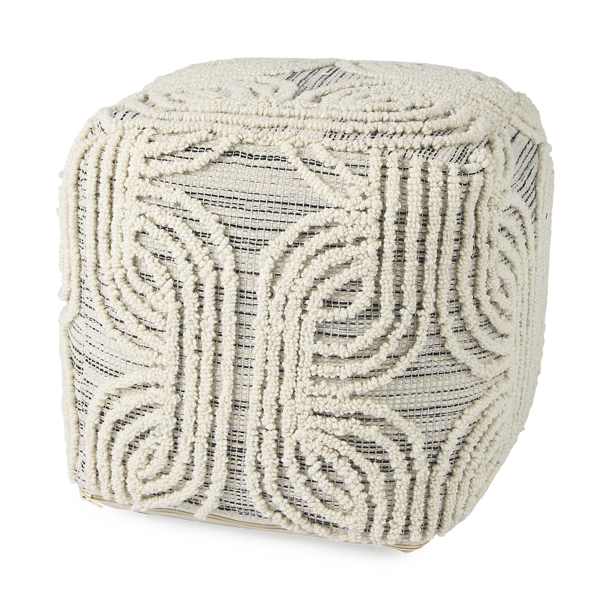 Amaya  Cream/Black/Gray Wool and Cotton Pouf, Ottoman by Mercana, 16" length x 16" width x 16" height View 1