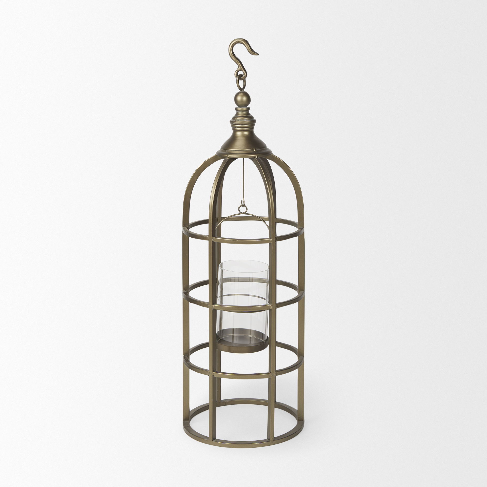 Gerson II Small Cage-Style Gold Metal Candle Holder Lantern, Lighting by Mercana, 11" length x 11" width x 34.8" height View 3