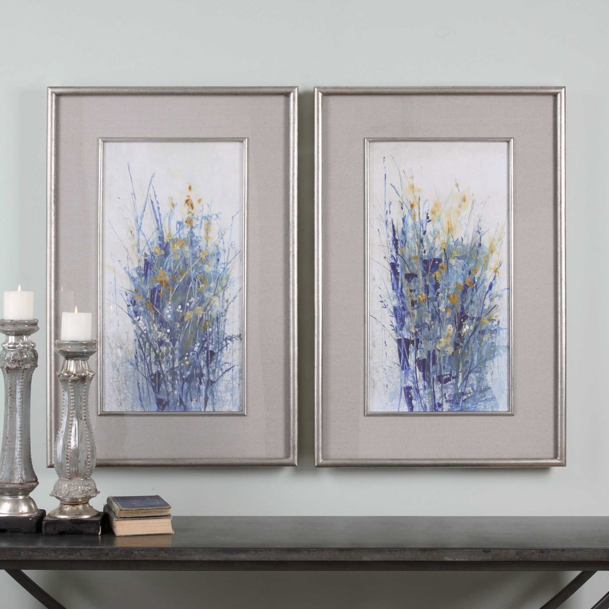 Indigo Florals Framed Art Set/2, Painting by Uttermost, 27.5" width x 41.5" height x 1.37" depth View 2