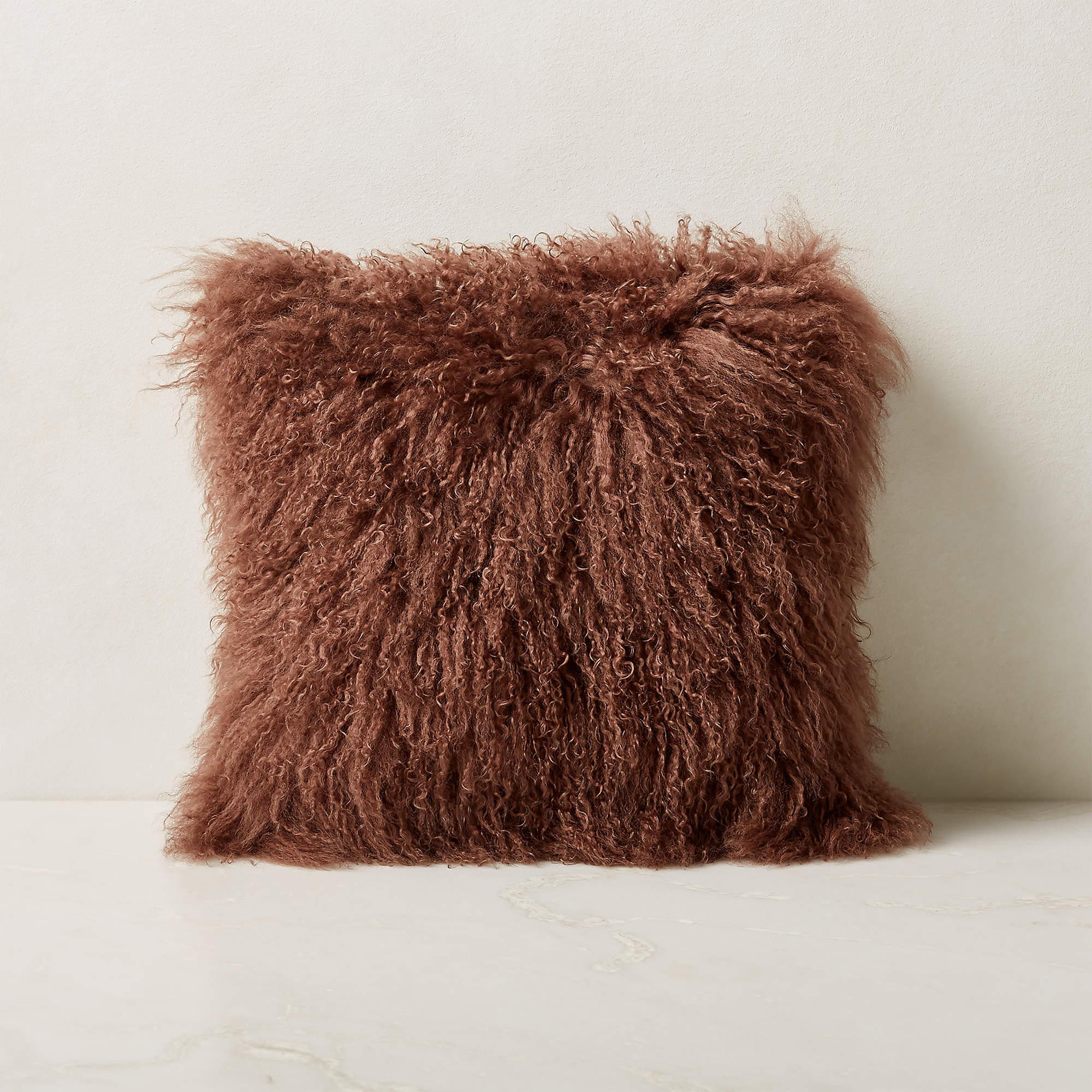 Online Designer Combined Living/Dining Mongolian Brown Sheepskin Fur Throw Pillow with Down-Alternative Insert 16''