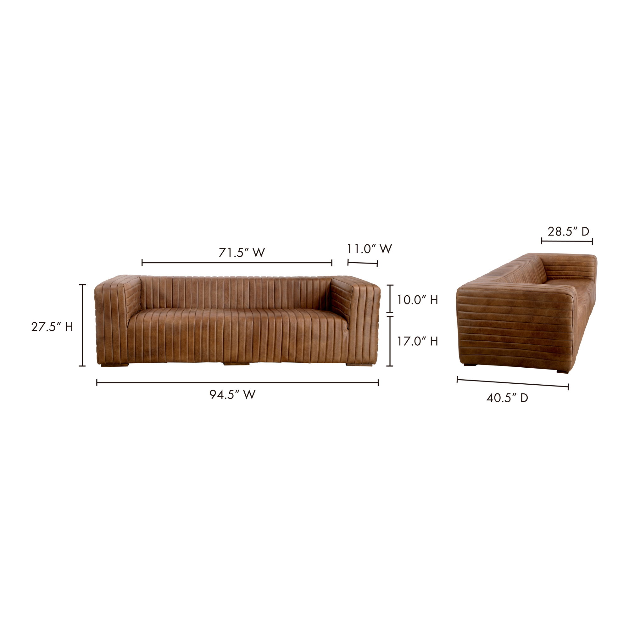 Castle Sofa Brown, Sofas & Sectional by Moe's Home, 95" width x 27.5" height x 39" depth View 13