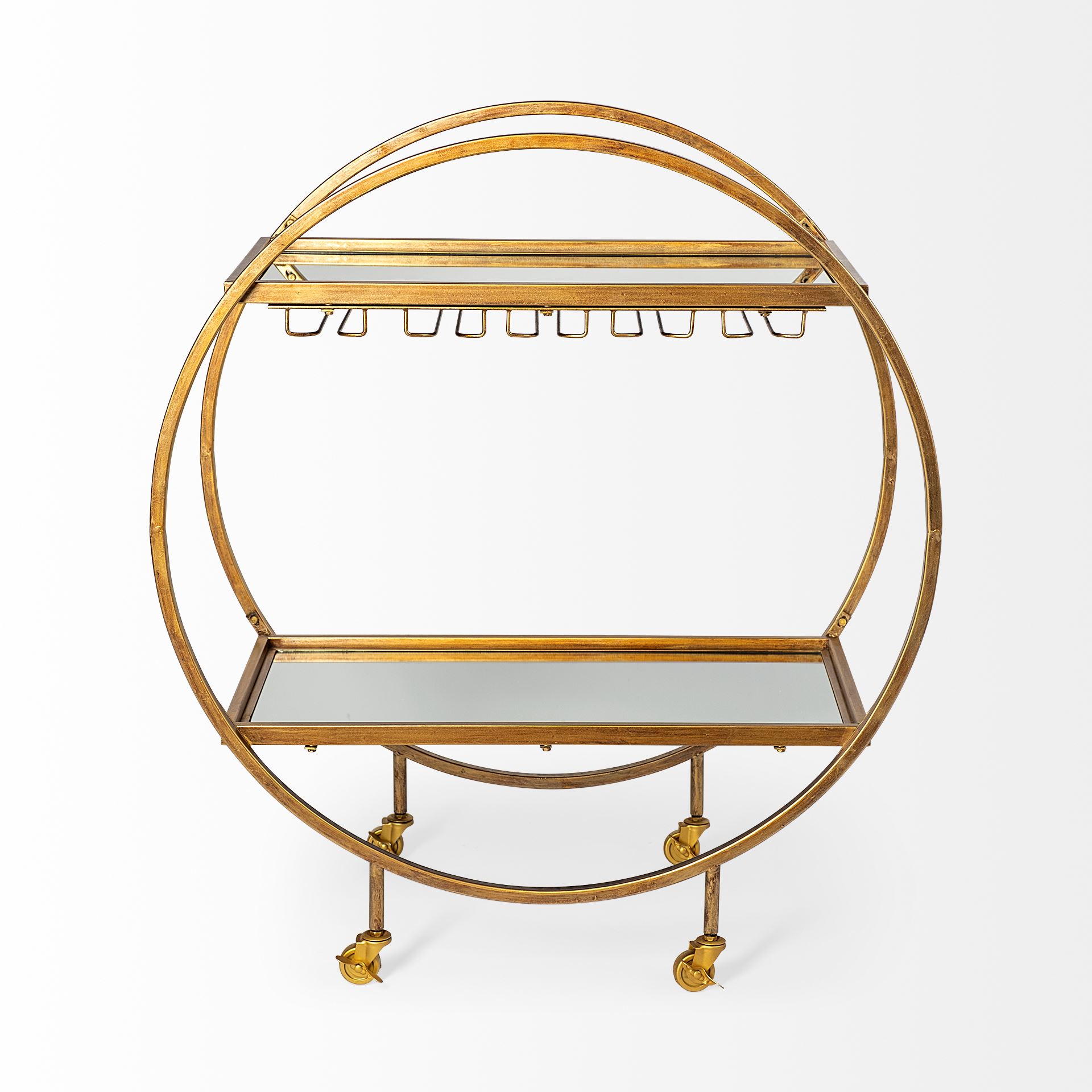 Carola Gold Frame Two-Tier Glass Shelves with Stemware Holder Bar Cart large image 