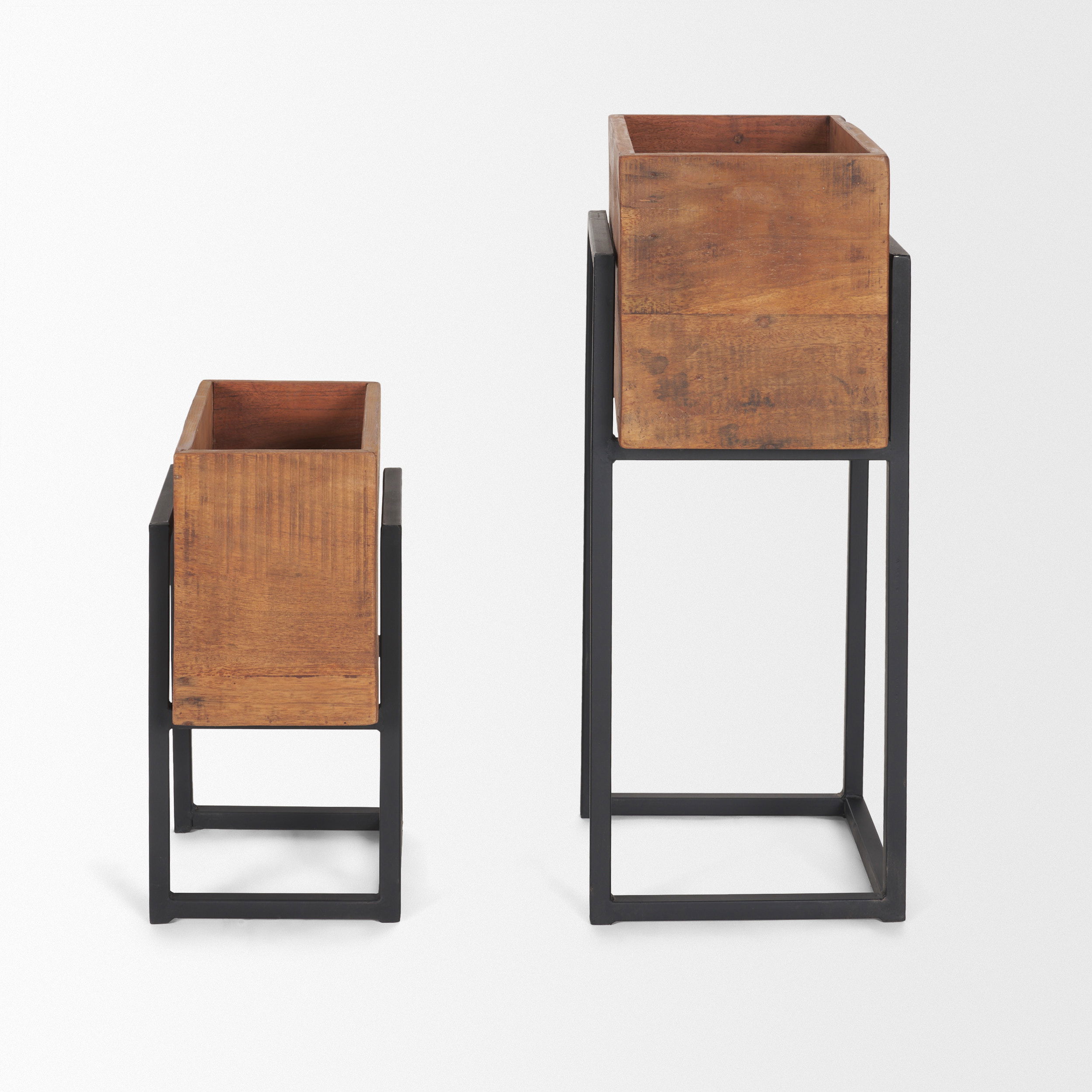 Jadine Set of 2 Medium Brown Wood with Black Metal Rectangle Frames, Planter by Mercana, 15" length x 12" width x 30" height View 6