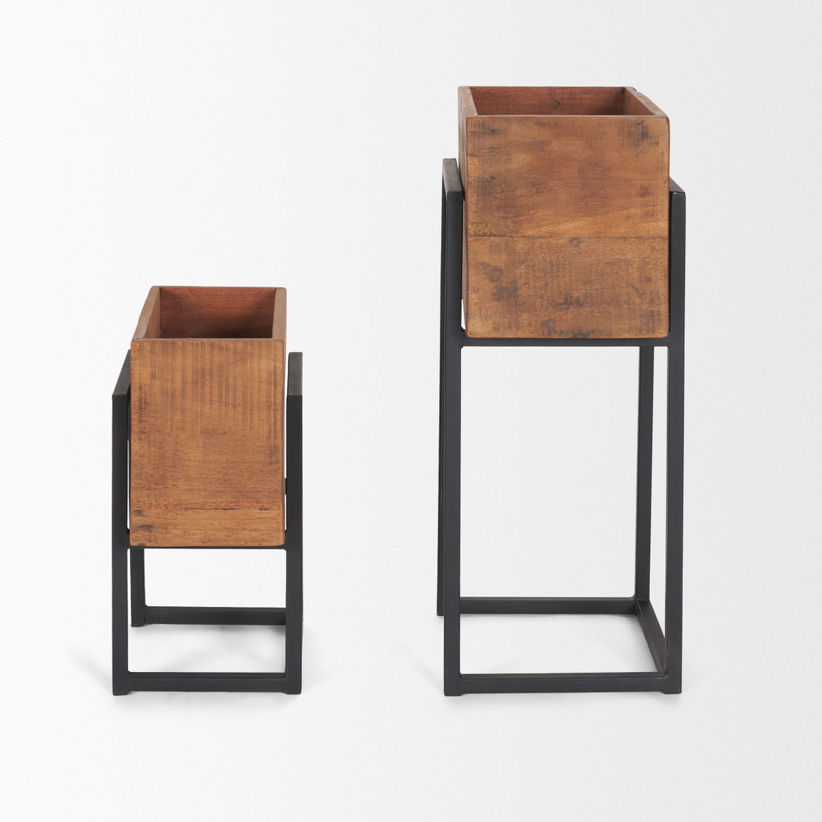Jadine Set of 2 Medium Brown Wood with Black Metal Rectangle Frames, Planter by Mercana, 15" length x 12" width x 30" height View 6