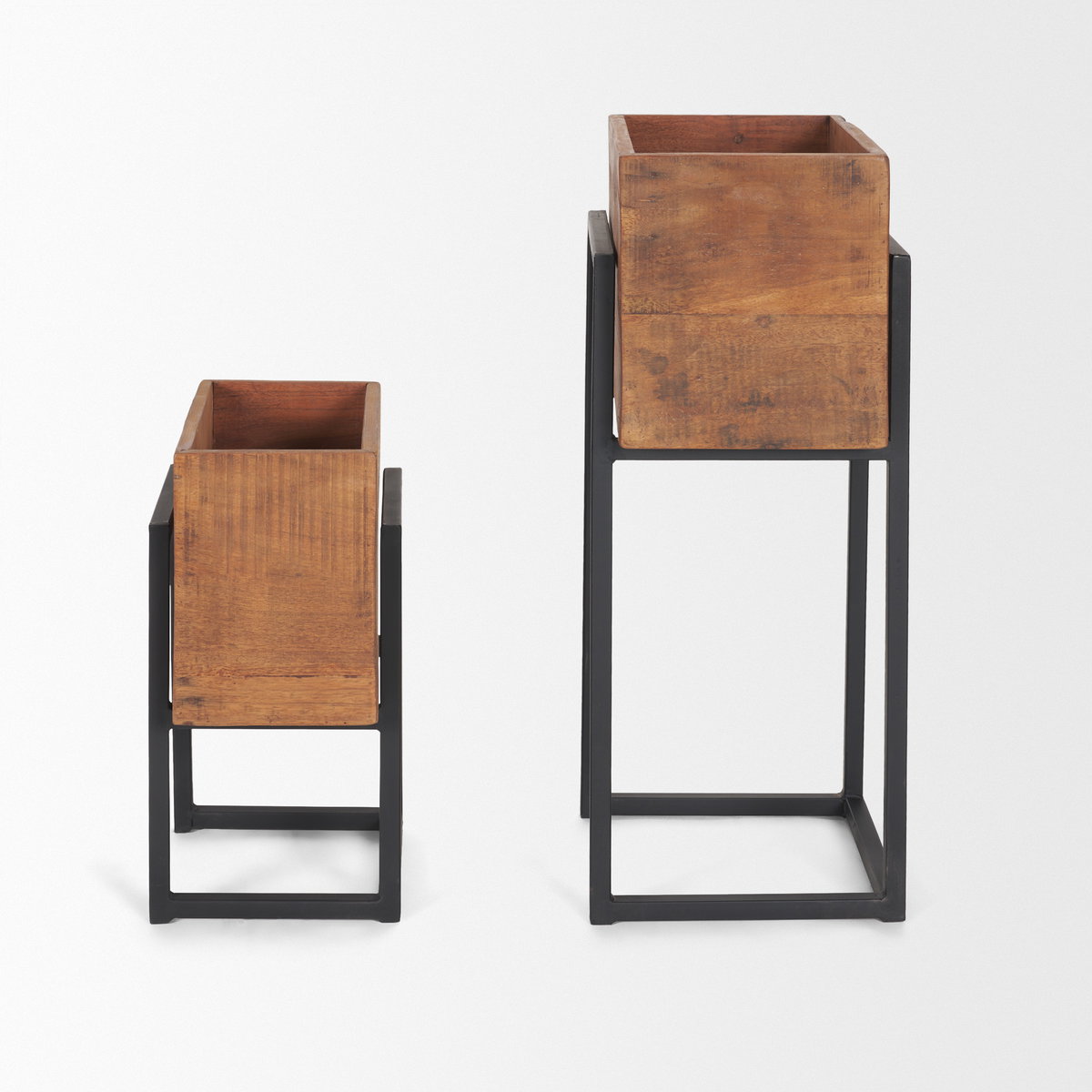 Jadine Set of 2 Medium Brown Wood with Black Metal Rectangle Frames, Planter by Mercana, 15" length x 12" width x 30" height View 6