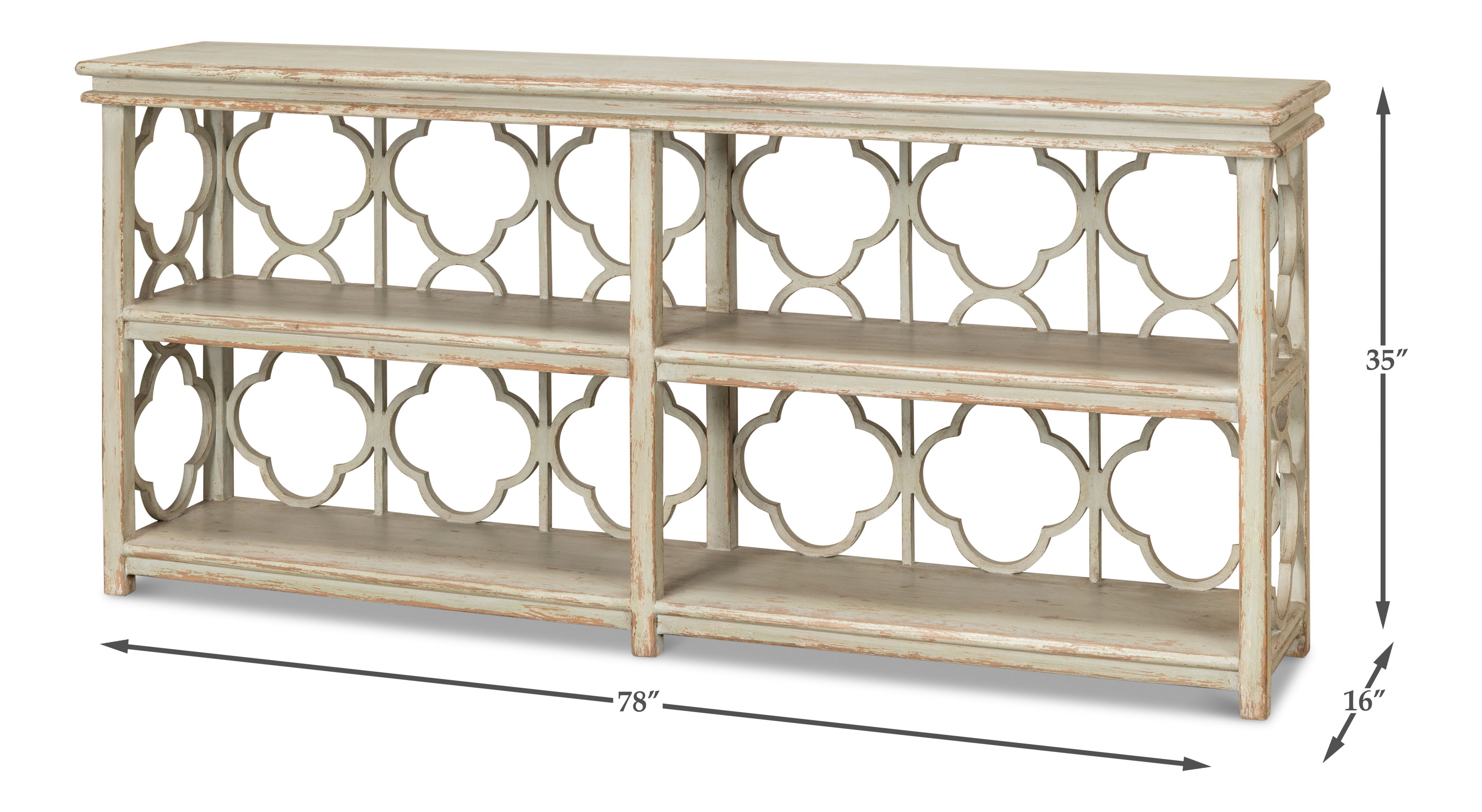 Quatrefoil Bookshelf Console Table, Shelving & Bookcase by Sarreid, 78" length x 16" width x 35" height View 13