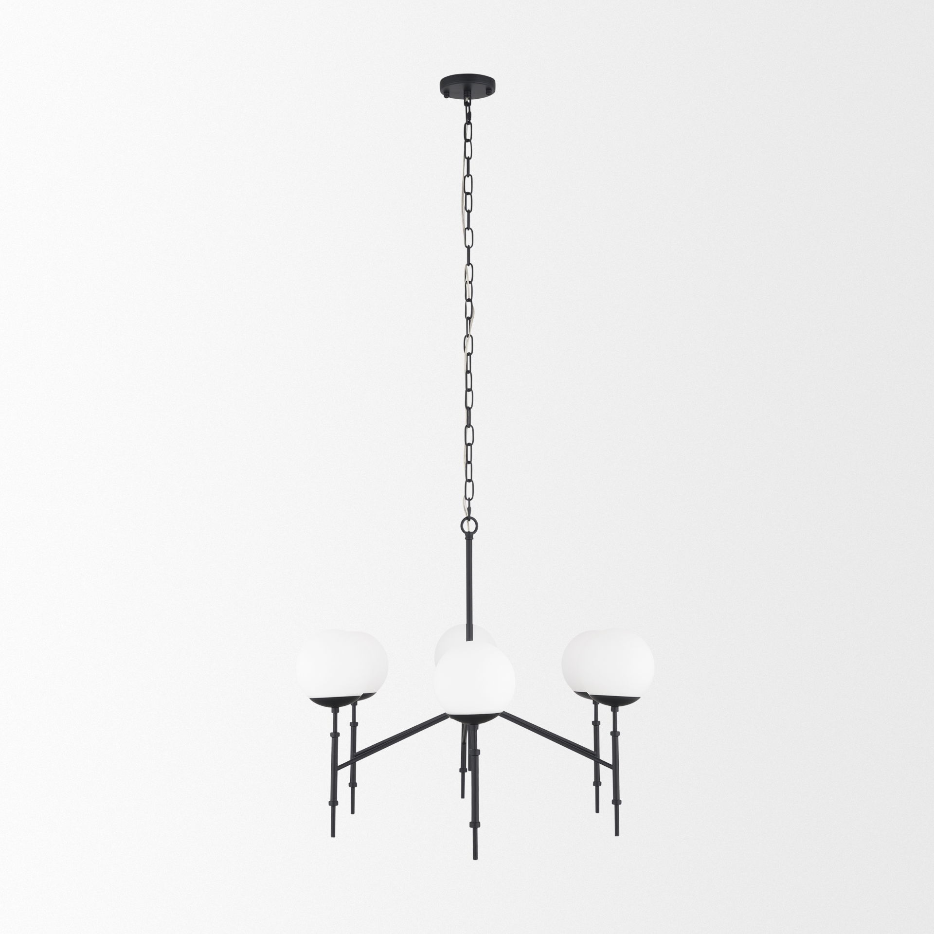 Edie Matte Black Metal with Frosted Glass Globes 6-Light Chandelier, by Mercana, 29.92" length x 29.92" width x 24.02" height View 4