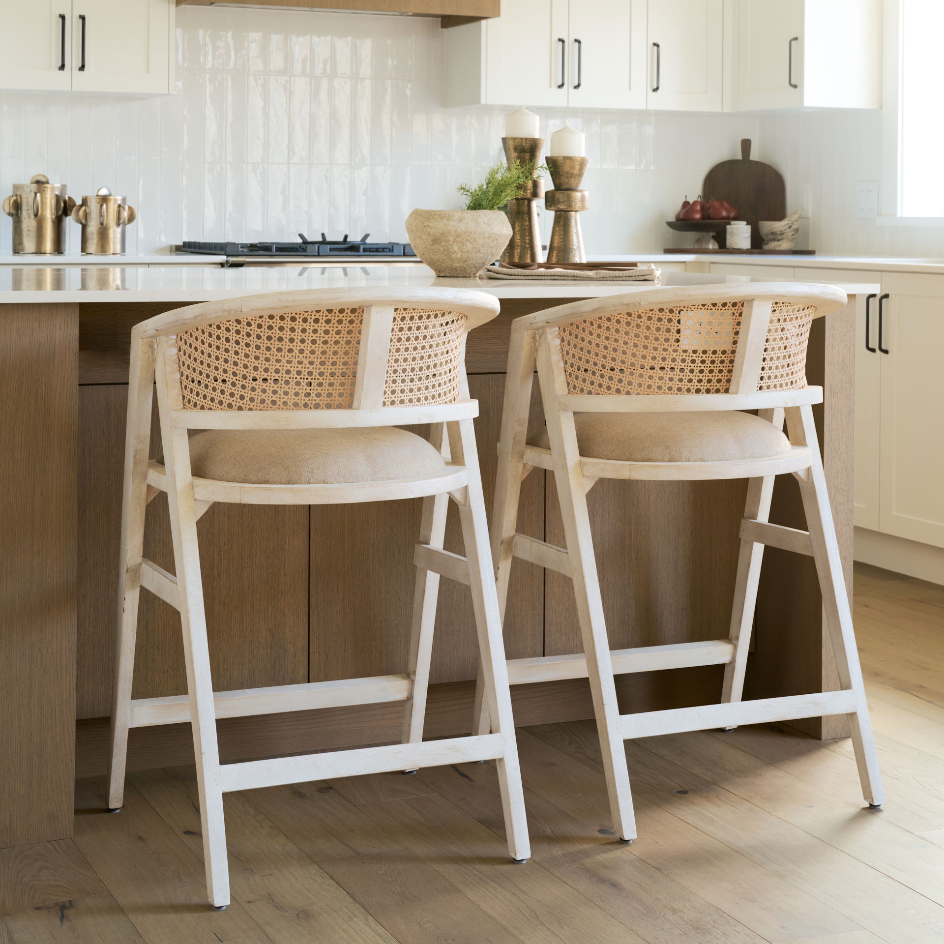 Tabitha 26.75' Seat Height Beige Fabric/Rattan Seat Blonde Wood Frame Counter Stool, Counter & Bar Stool by Mercana, 23.25" length x 22" width x 36.75" height View 3