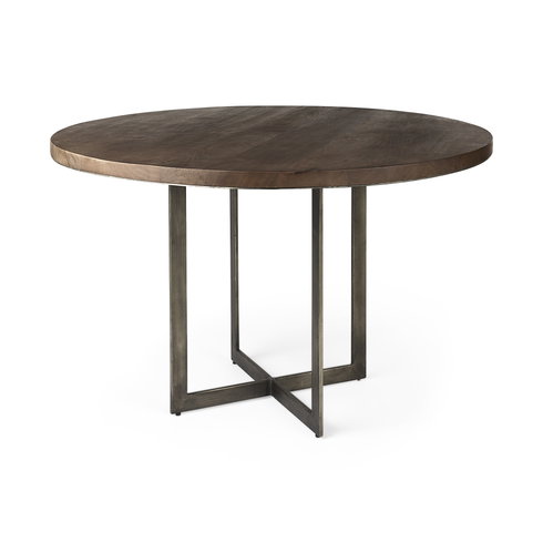 Faye 48" Round Dining Table | Med Brown Wood & Antique Nickel Metal | Seats 4