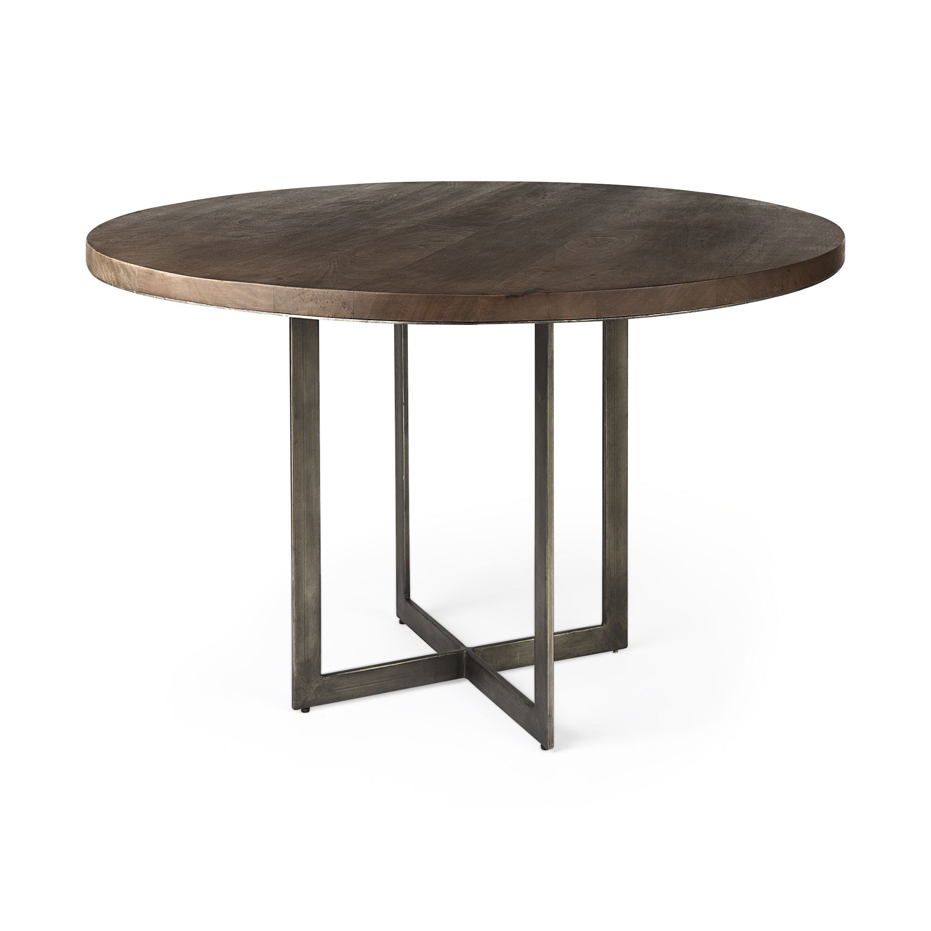 Faye I 48L x 48W x 30H Medium Brown Wood with Antique Nickel Metal Base Round Dining Table, by Mercana, 48" length x 48" width x 30" height View 1
