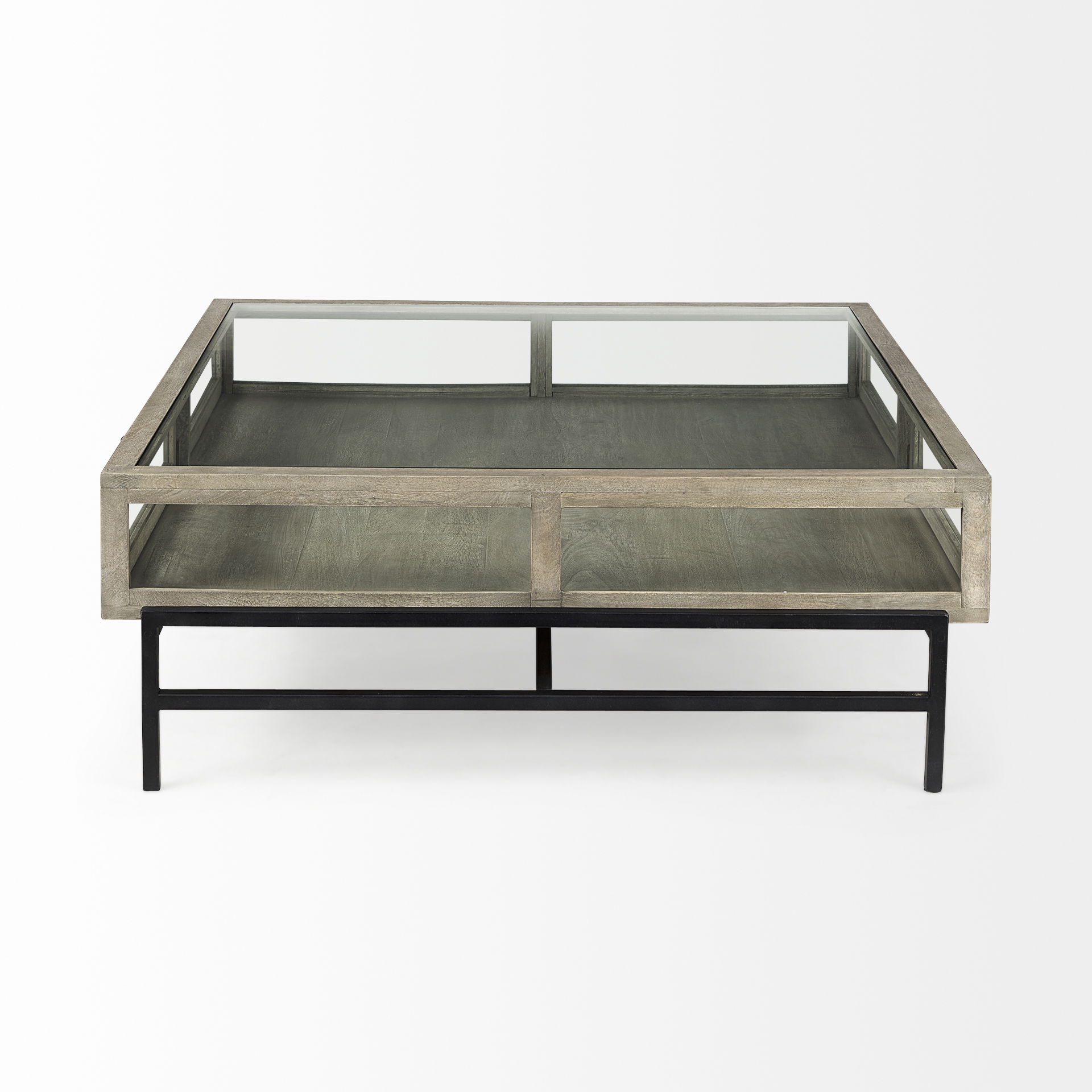Arelius 42' Square Glass-Top Gray Wood with Black Metal Base Display Coffee Table, by Mercana, 43.5" length x 42" width x 15" height View 5