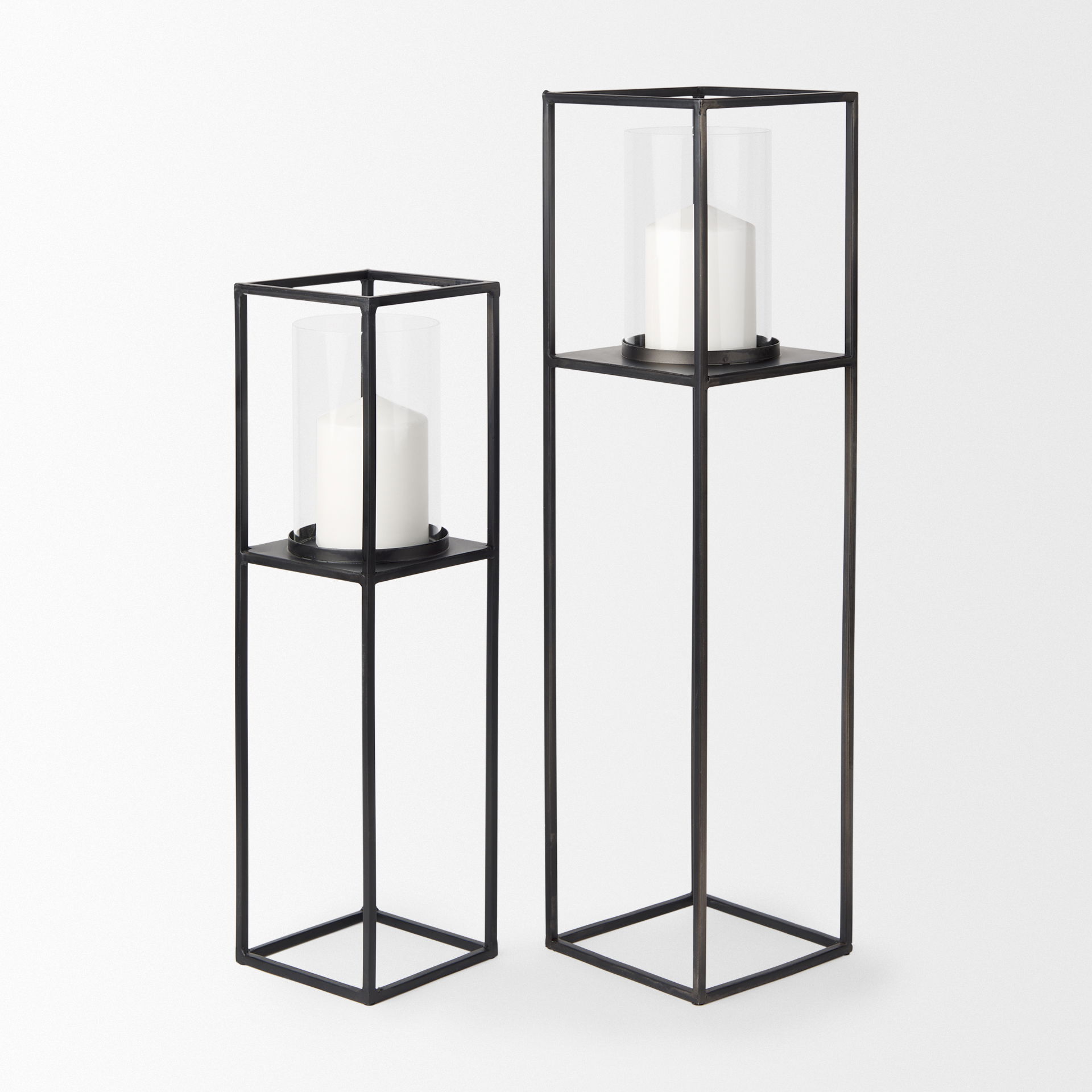 Cindy Set of 2 Matte Black Metal and Hurricane Glass Pillar Tabletop Candle Holders, Candles & Candle Holder by Mercana, 5.91" length x 5.91" width x 23.03" height View 4