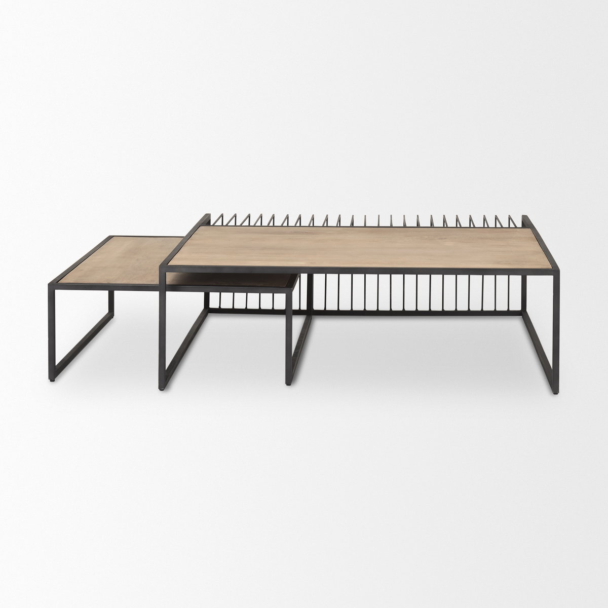 Miles Black Metal with Light Wood Nesting Coffee Table, by Mercana, 48" length x 48" width x 15" height View 5