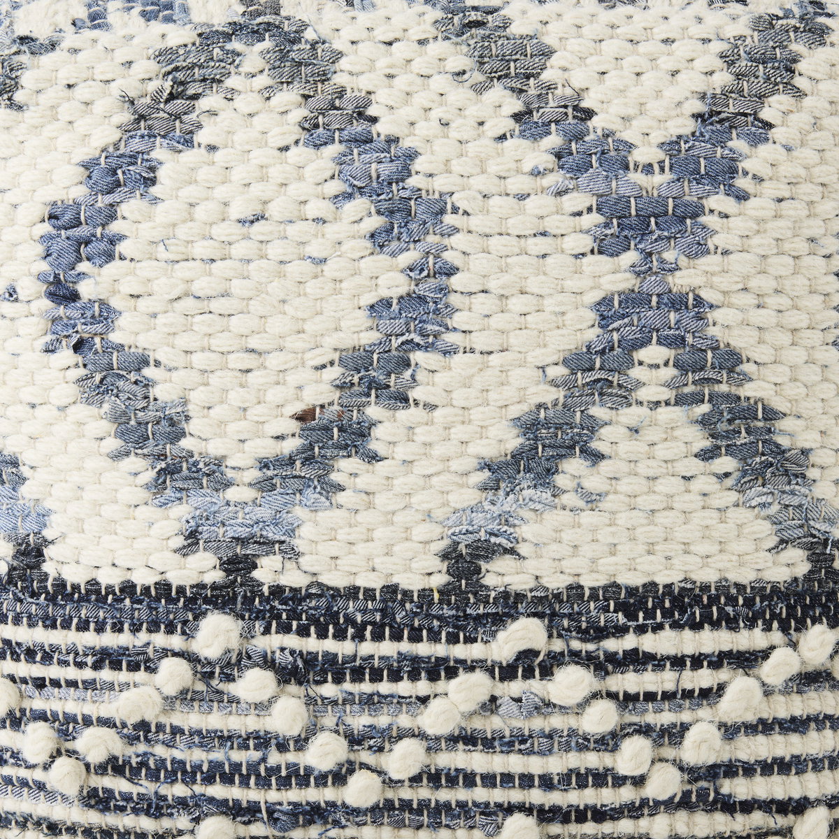 Eshana  Cream Wool and Denim Patterned Pouf, Ottoman by Mercana, 16" length x 16" width x 16" height View 7