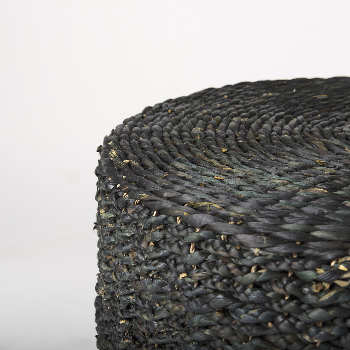 Dina 75L x 75W x 45H Black Cornhusk and Water Hyacinth Round Coffee Table Pouf, Ottoman by Mercana, 29.53" length x 29.53" width x 15.75" height View 4