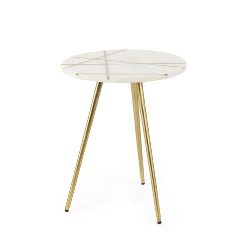 Vivienne   White Marble with Antique Gold Metal Round Small Side Table