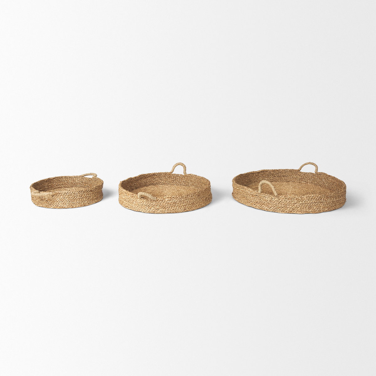 Ulana Set of 3 Round Nesting Seagrass Trays with Loop Handles, Decorative Tray by Mercana, 26.38" length x 26.38" width x 3.94" height View 5