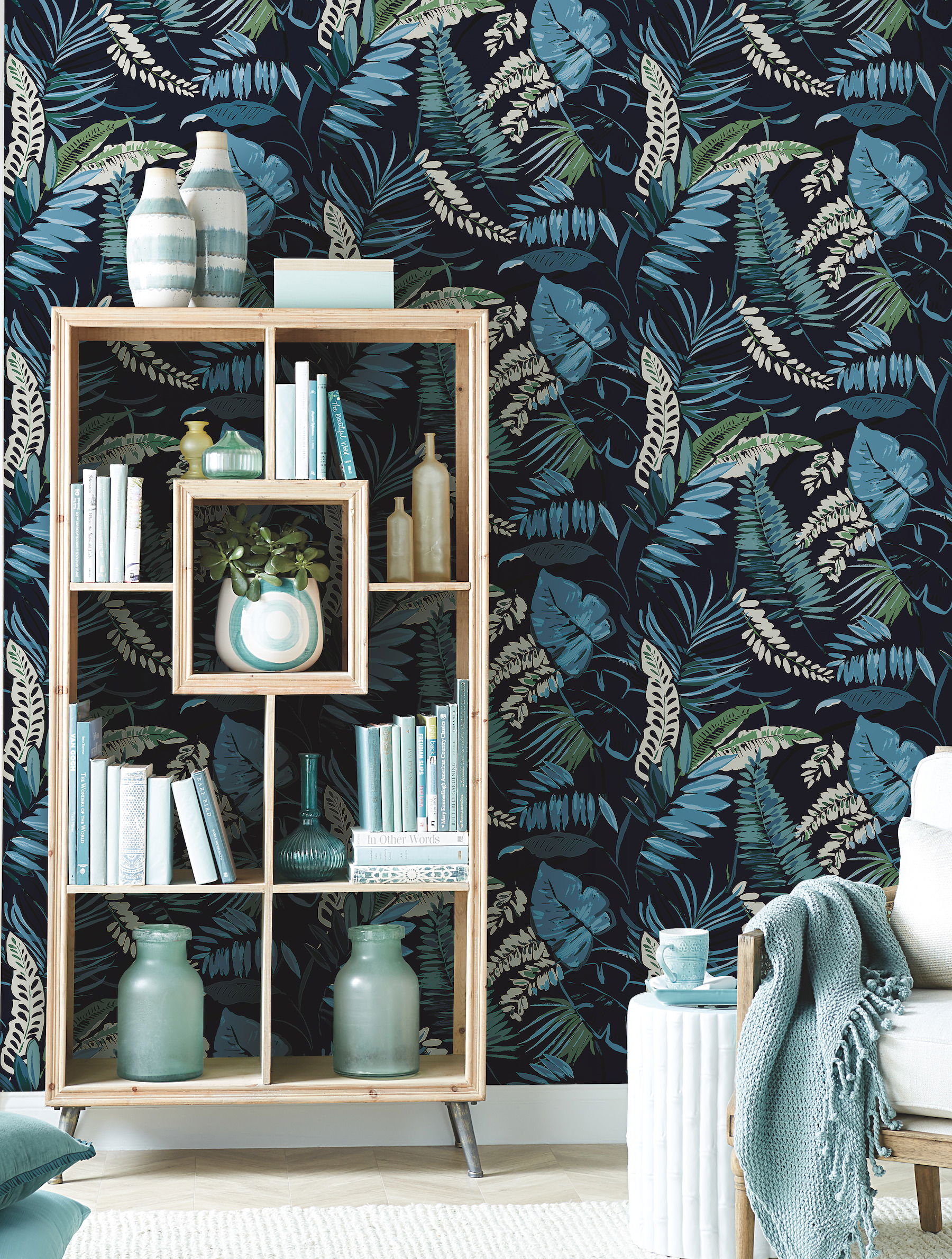 Tropical Toss Navy Wallpaper, by York Wall, 27' length x 2'3" width x 0.02" depth View 2