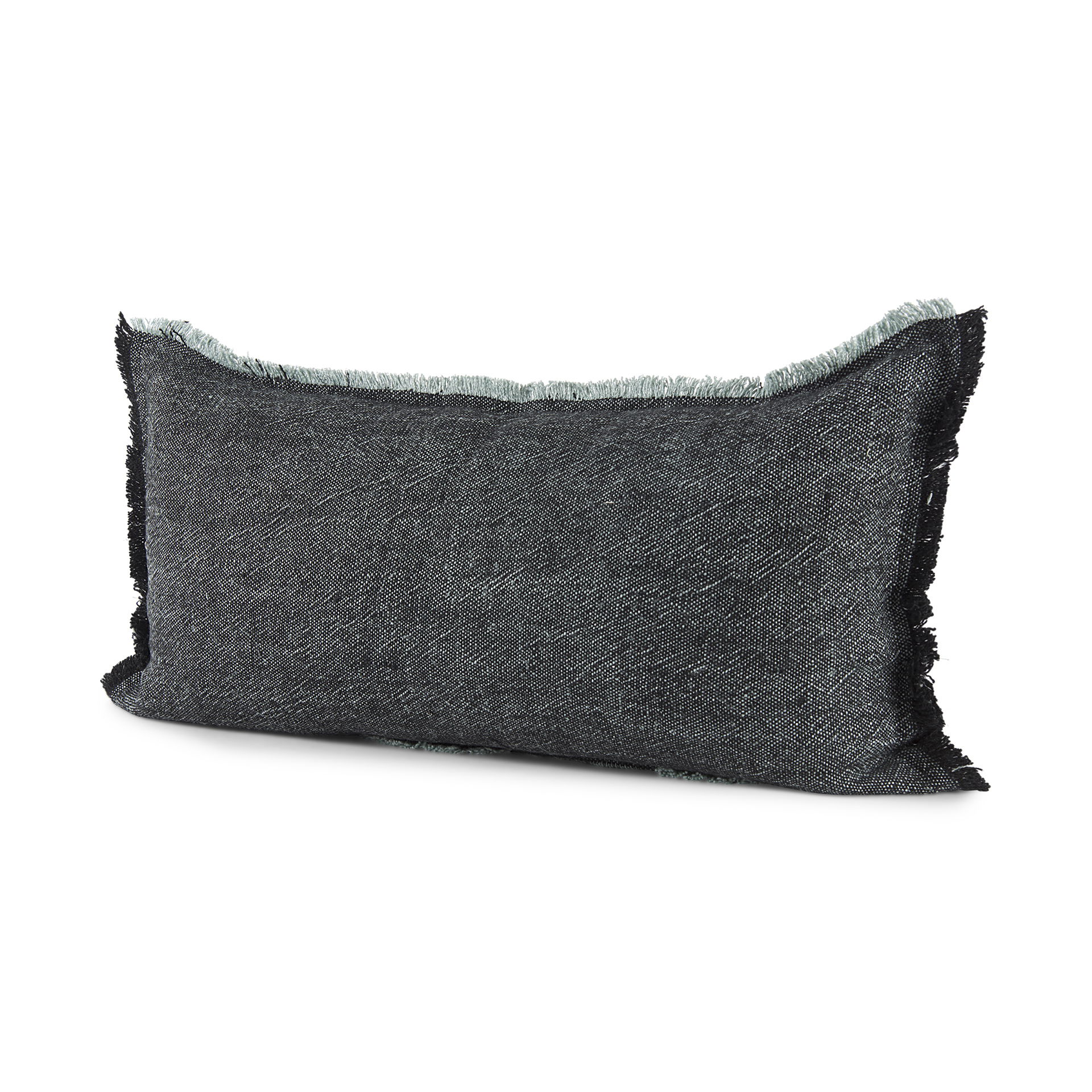 Malia 14L x 26W Black and Teal Fabric Fringed Decorative Pillow Cover, by Mercana, 14" length x 26" width x 0.2" height View 1