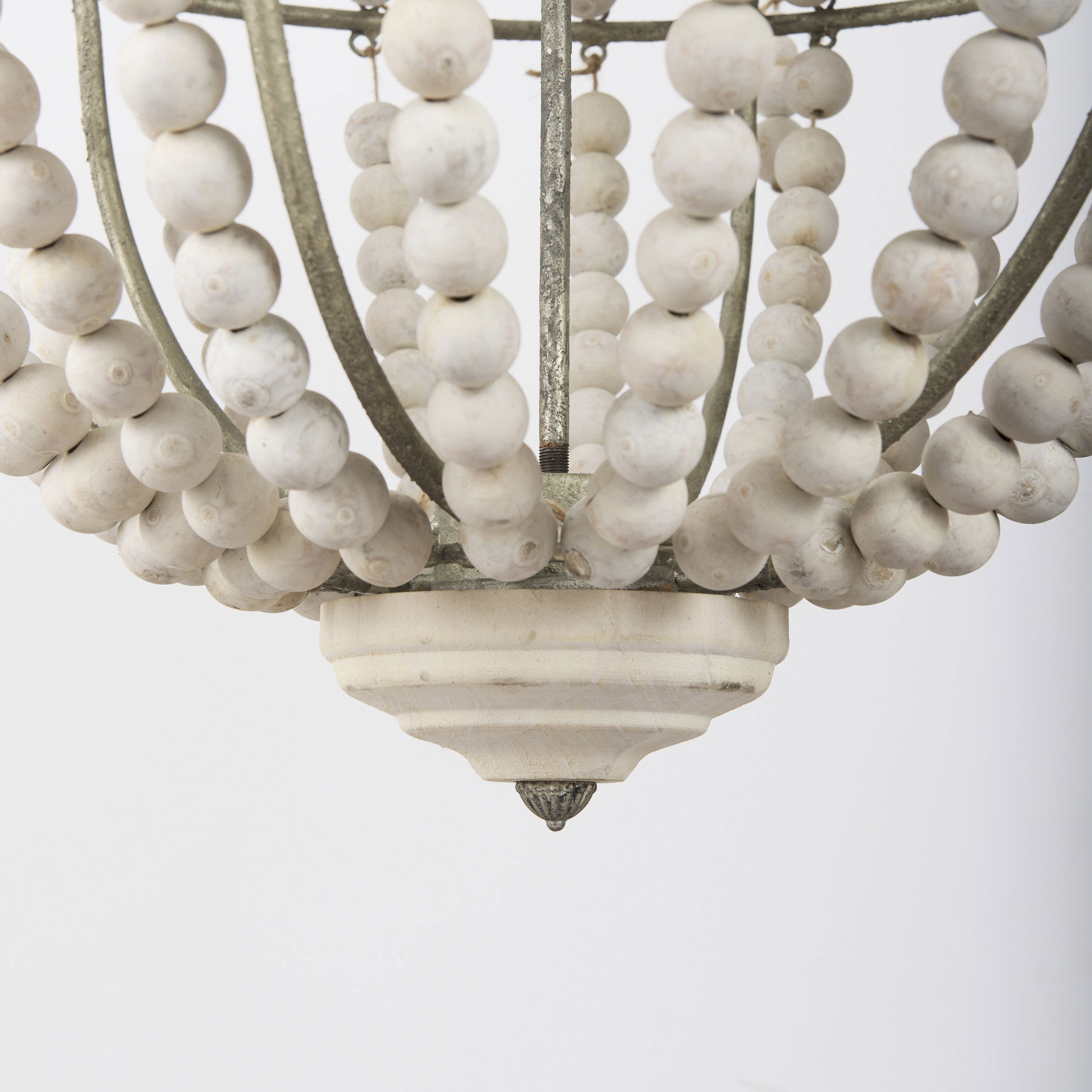 Phillum (29'x37') Silver Metal Chassis and White Wood Beaded Six Bulb Chandelier, by Mercana, 29" length x 29" width x 37" height View 11