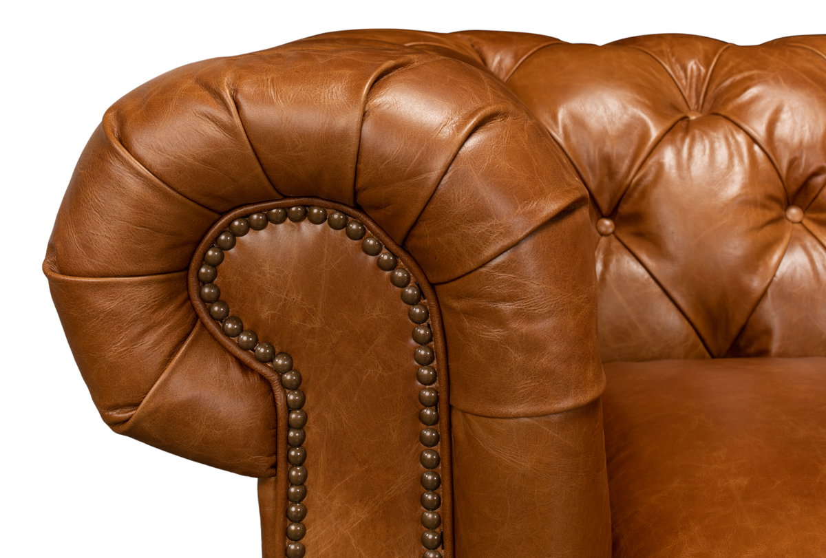 Tufted English Club Sofa  Cuba Brown, by Sarreid, 3'2" length x 7'5" width x 2'8" height View 4