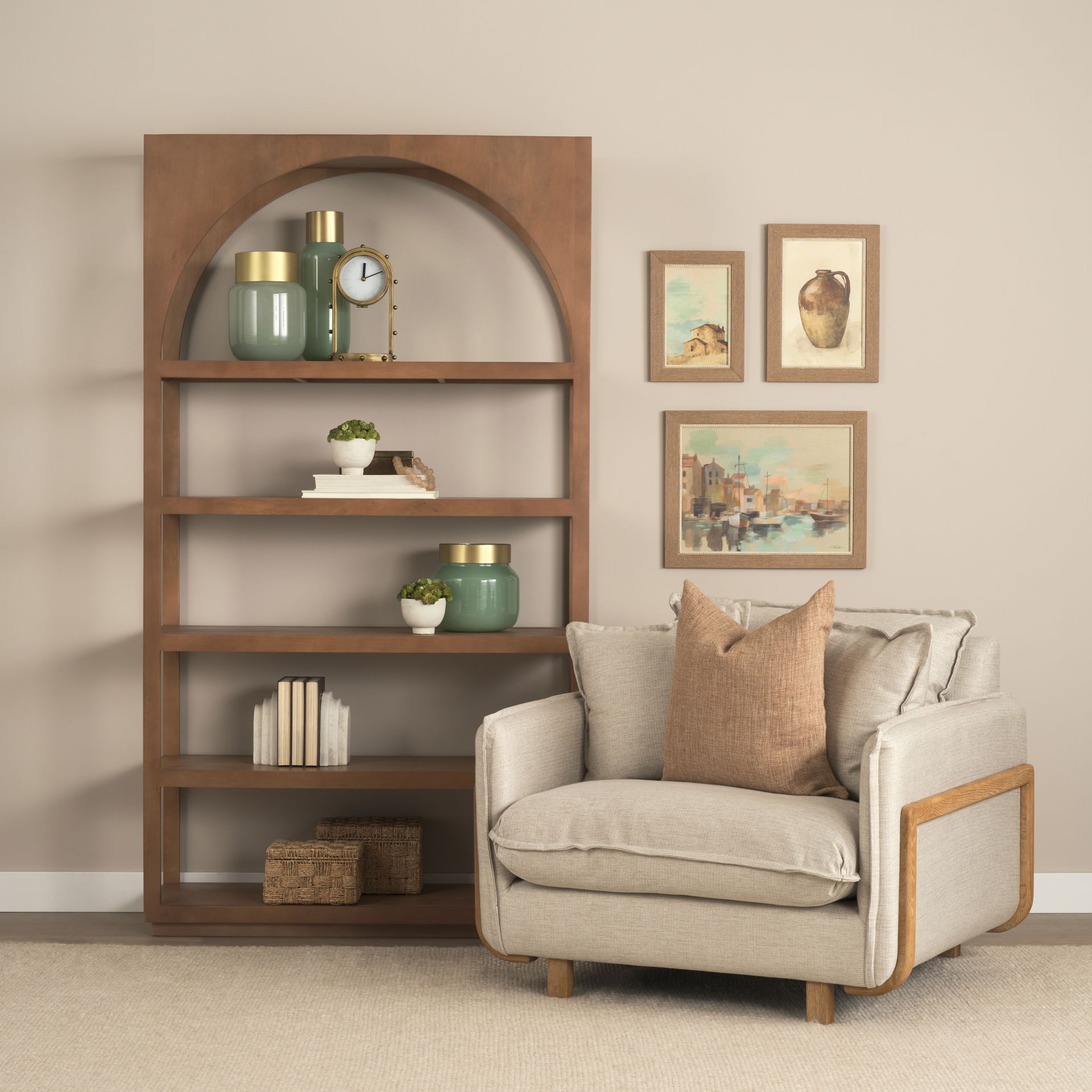 Bela Arched Shelving Unit Medium Brown Wood, Shelving & Bookcase by Mercana, 47" length x 16" width x 85" height View 3