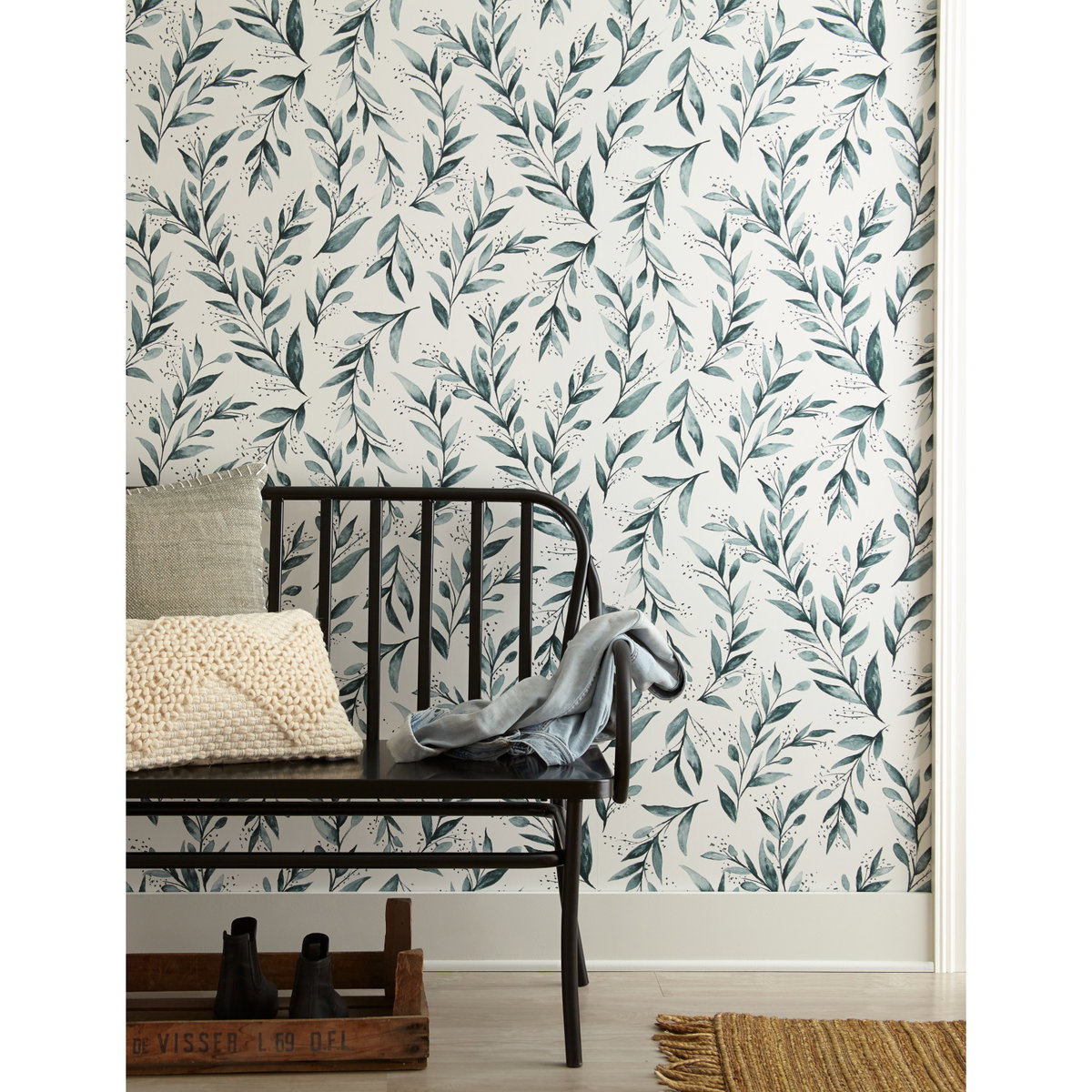 Weekends Olive Branch Teal Wallpaper, by York Wall, 33' length x 1'8.5" width x 0.02" depth View 2