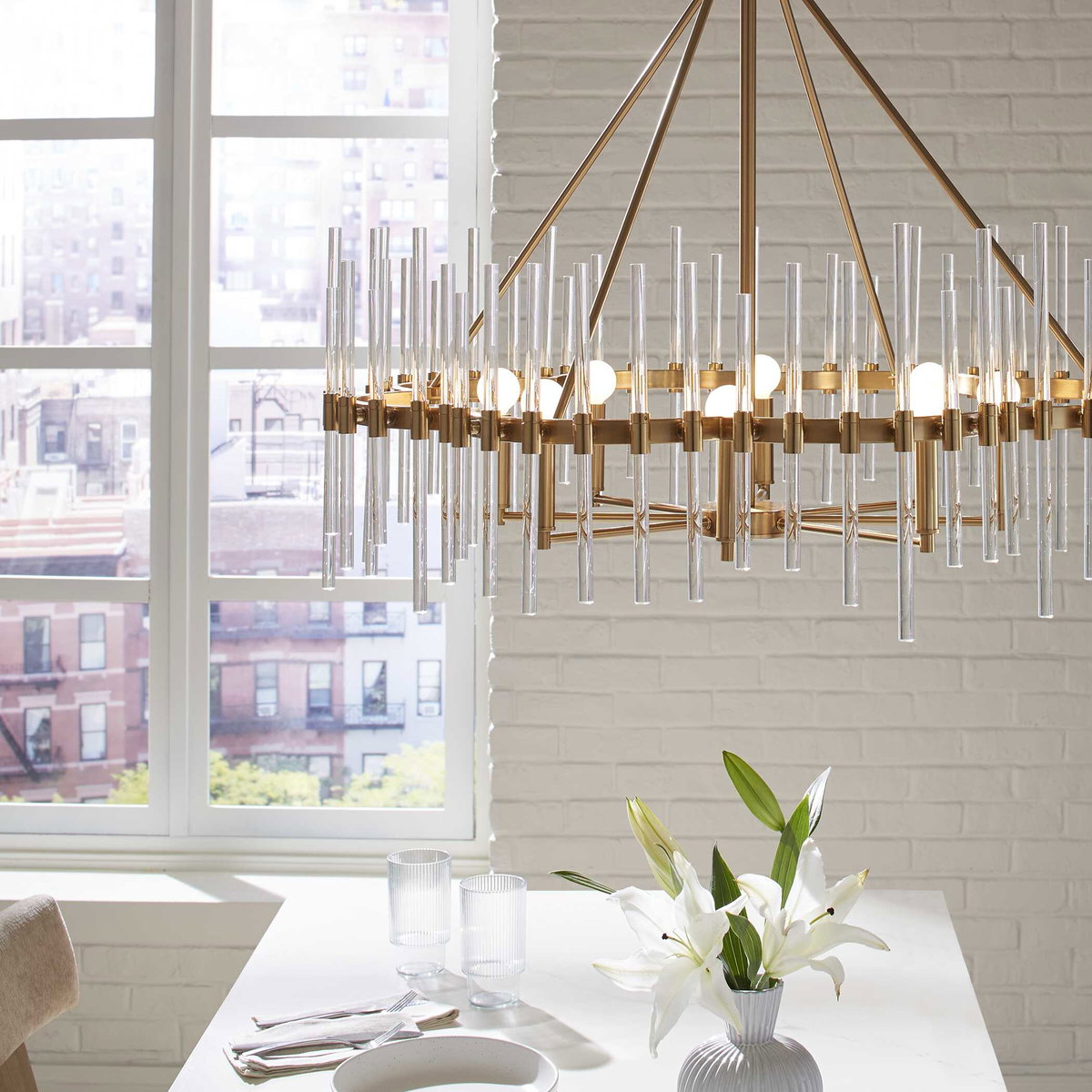 Crystal Stick 8 Light Brass Chandelier, Pendant by Uttermost, 38.75" width x 31.25" height x 38.75" diameter x 38.75" depth View 3