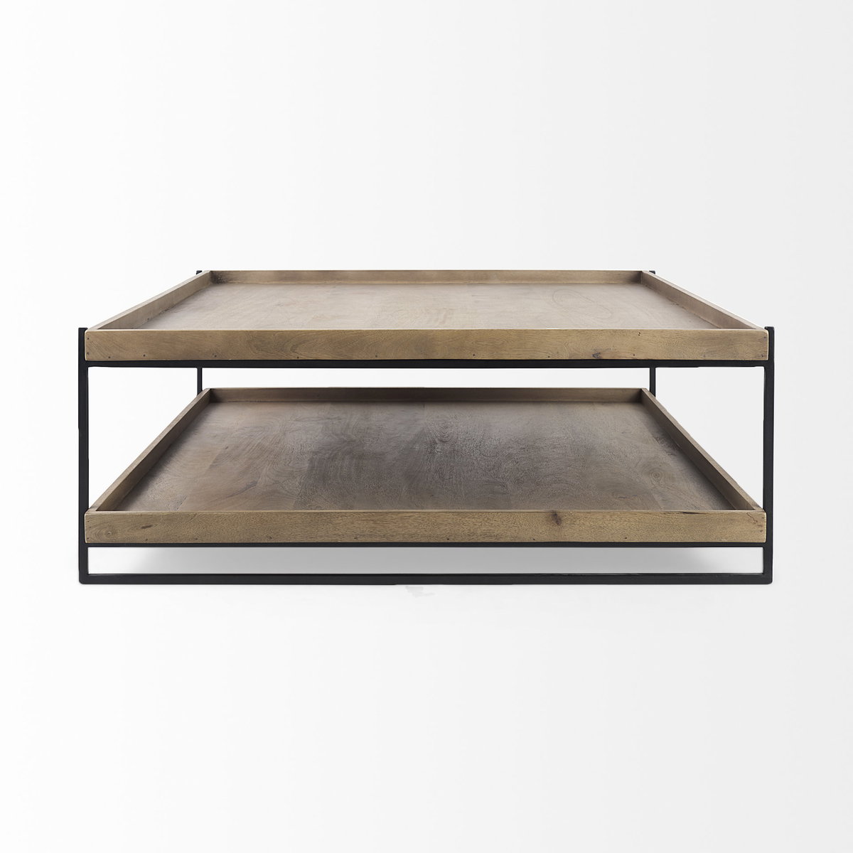 Trey 48x46 Rectangular Brown Solid Wood Top Table Black Metal Frame Two-Tier Coffee Table, by Mercana, 48" length x 46" width x 17" height View 5