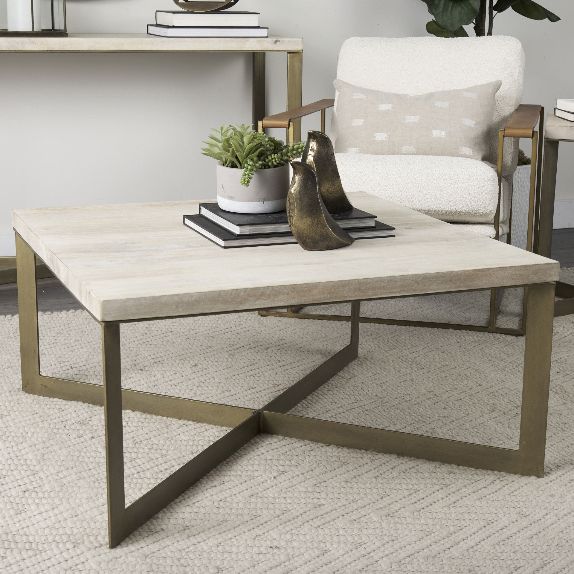 Faye 34L x 34W x 17H Beige Finished Wood with Gold Metal Base Square Coffee Table, by Mercana, 34" length x 34" width x 17" height View 3