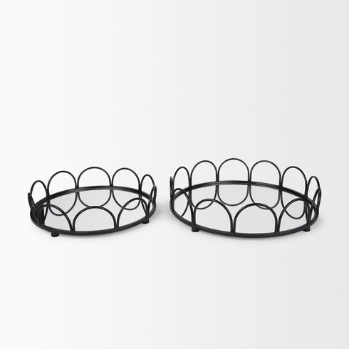 Lenore Round Metal/Mirror Tray Black (Set of 2)