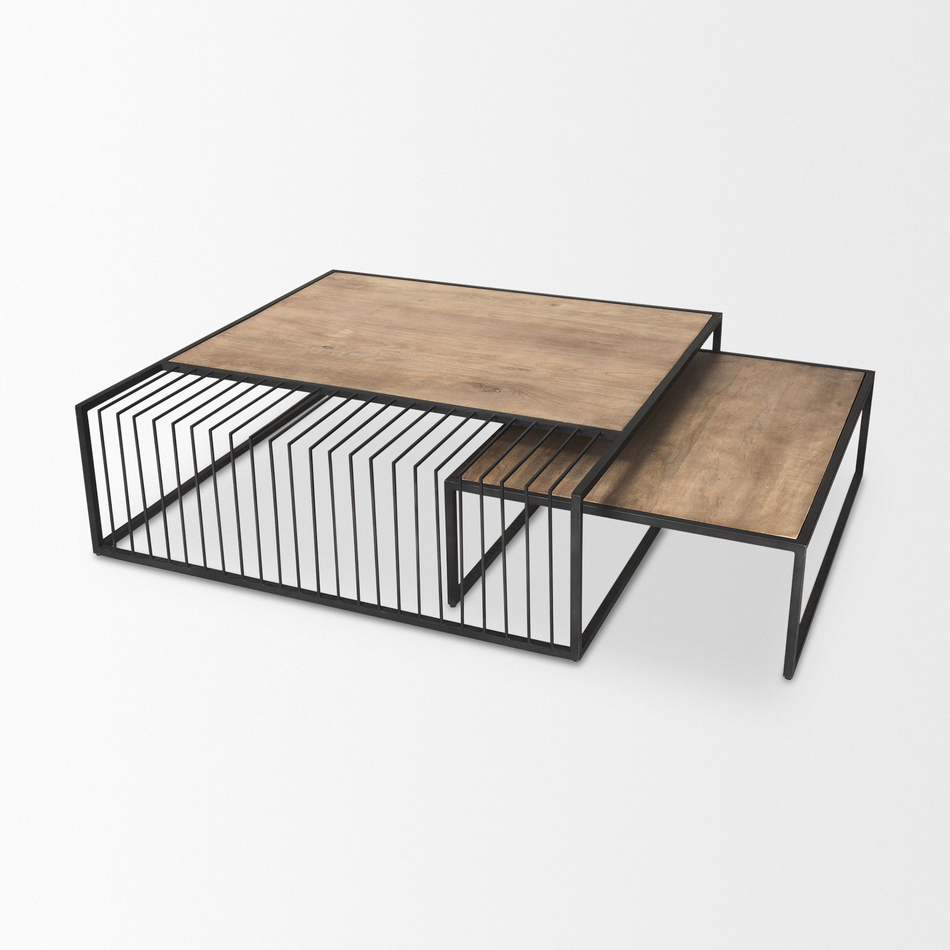 Miles Black Metal with Light Wood Nesting Coffee Table, by Mercana, 48" length x 48" width x 15" height View 7