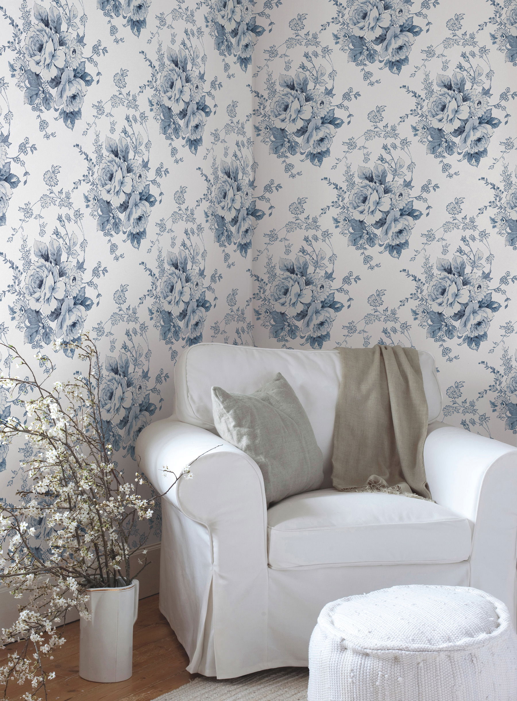 Heritage Rose Navy & White Wallpaper large image 