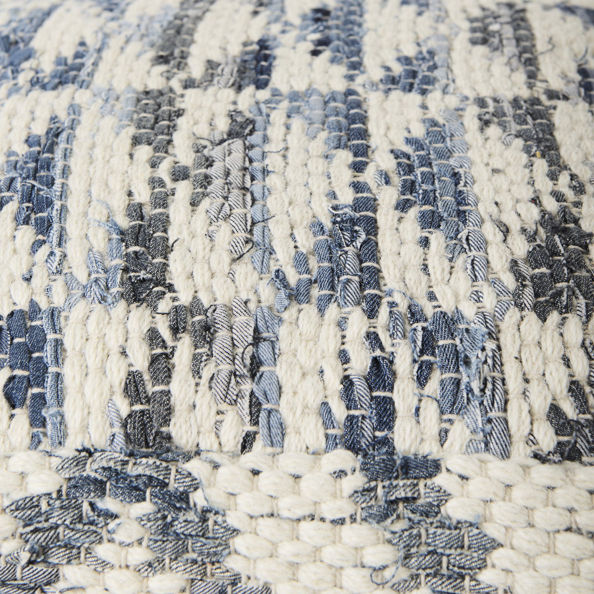 Eshana  Cream Wool and Denim Patterned Pouf, Ottoman by Mercana, 16" length x 16" width x 16" height View 6