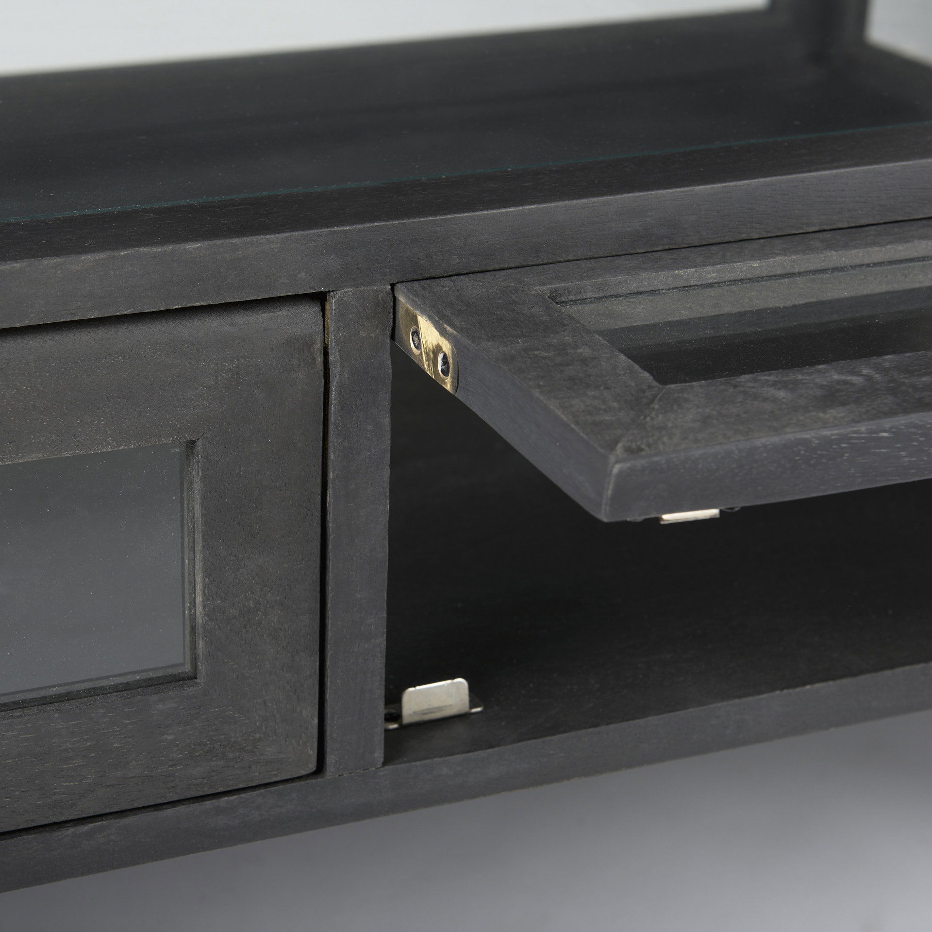 Arelius 42'L Rectangular Glass-Top Black-Brown Wood with Black Metal Base Display Coffee Table large image 