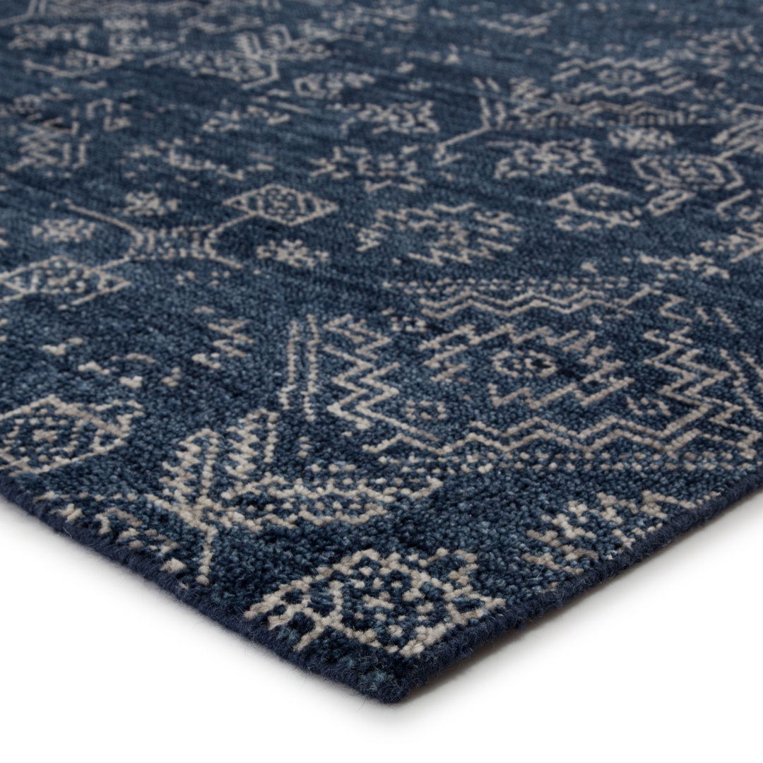 Azuma Hand-Knotted Tribal Dark Blue/ Light Gray Area Rug large image 