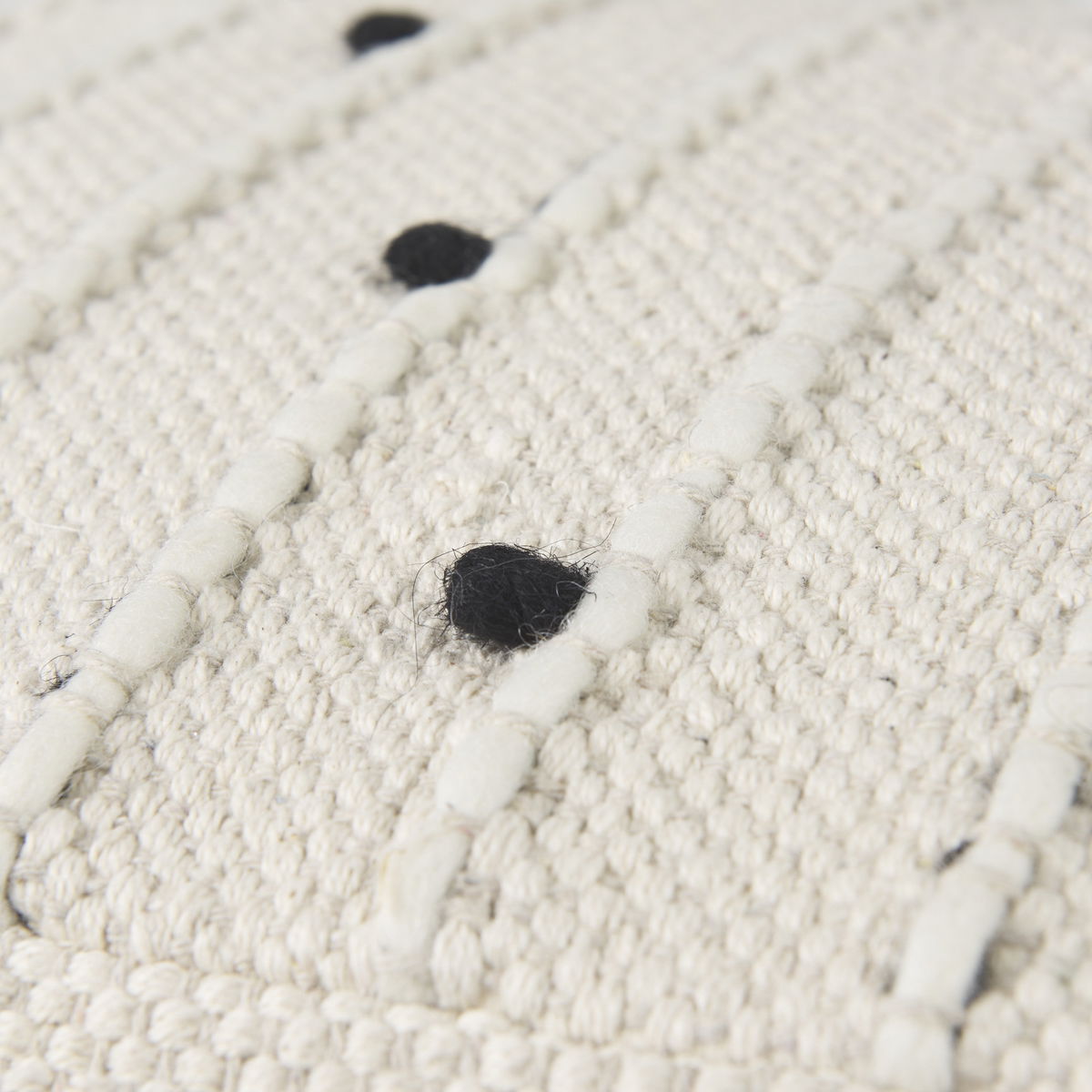 Amaira  Cream/Black/White patterned Wool and Cotton Pouf, Ottoman by Mercana, 16" length x 16" width x 16" height View 7