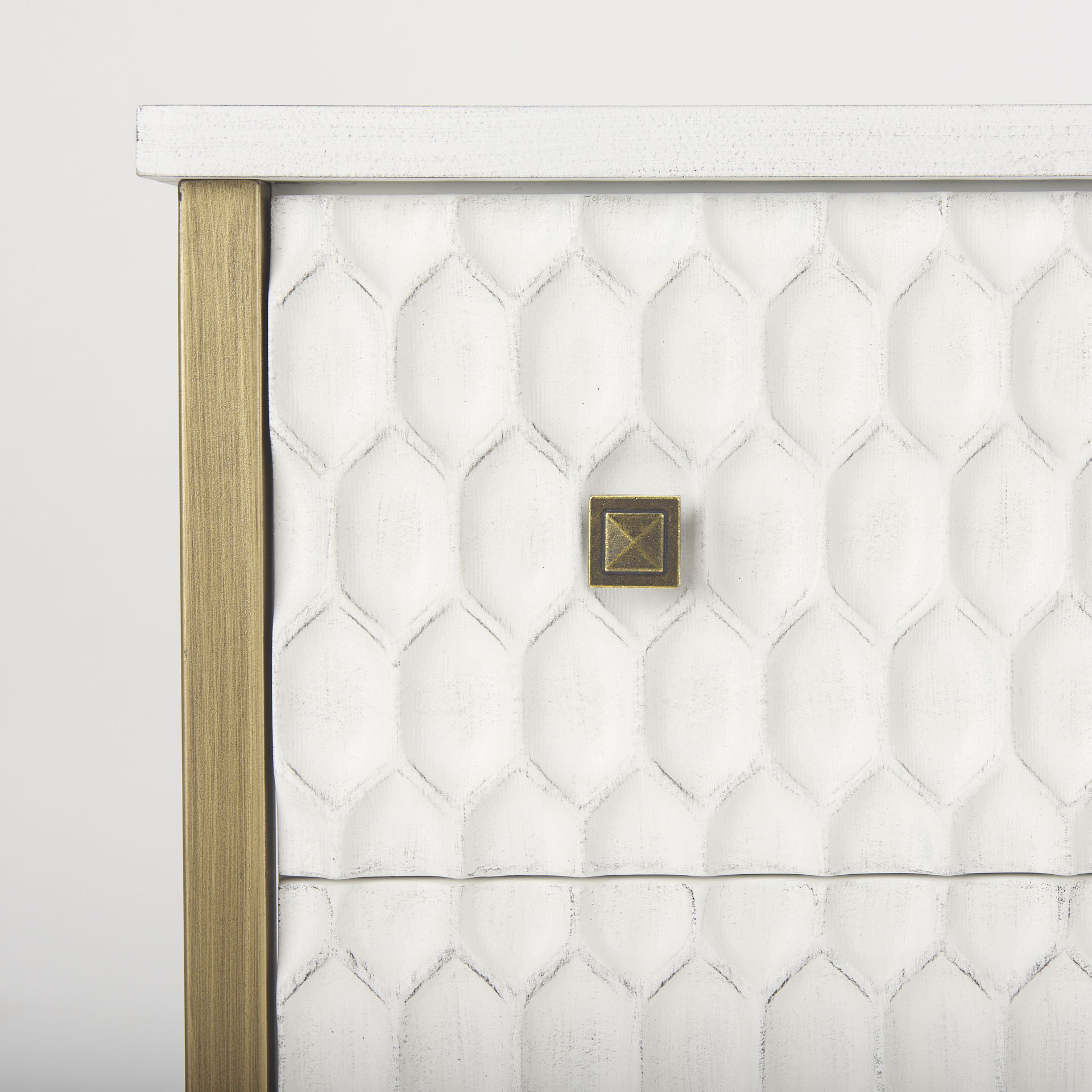 Savannah White Fir Veneer with Gold Metal 3-Drawer Accent Cabinet, Cabinets & Chest by Mercana, 31.89" length x 15.94" width x 31.5" height View 10