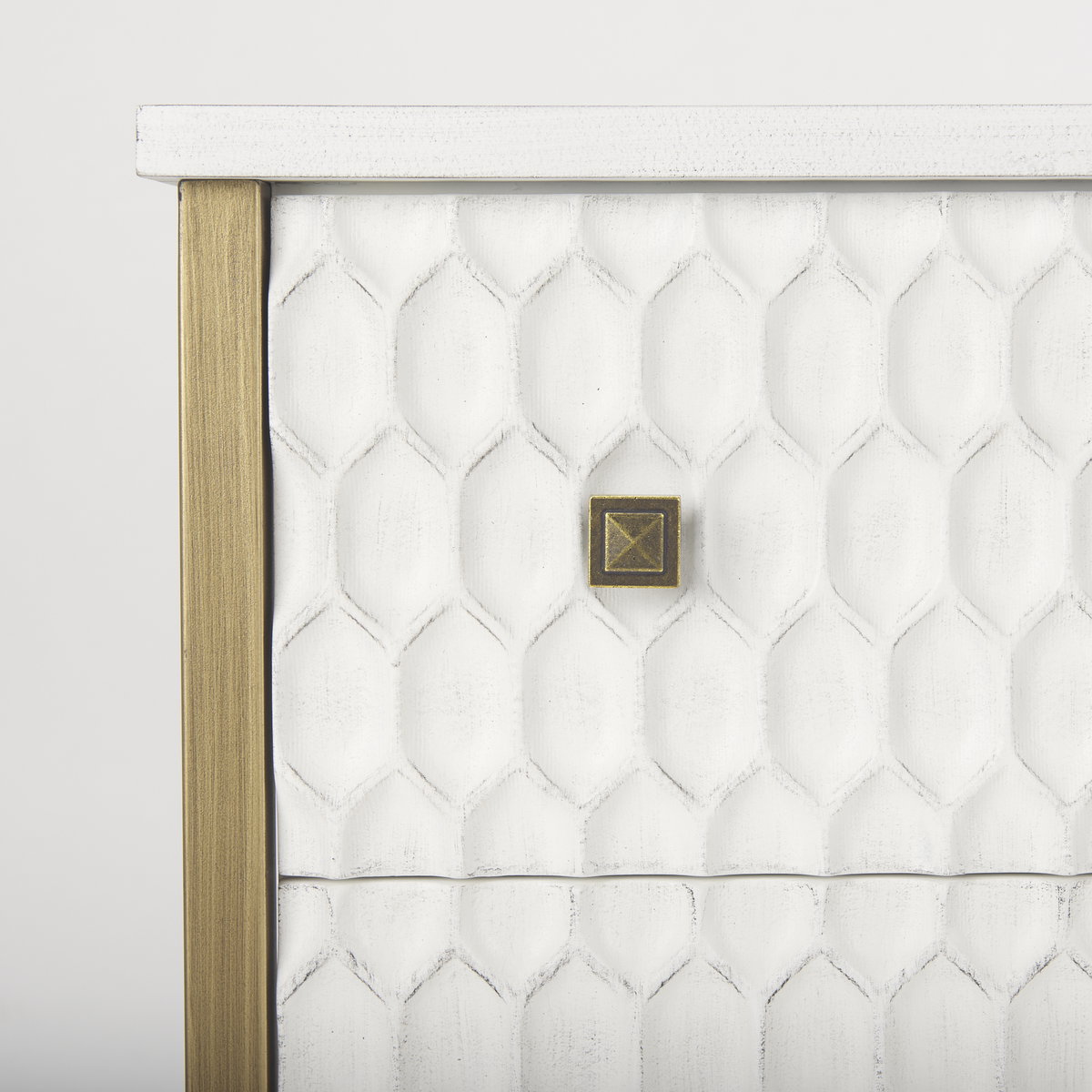 Savannah White Fir Veneer with Gold Metal 3-Drawer Accent Cabinet, Cabinets & Chest by Mercana, 31.89" length x 15.94" width x 31.5" height View 10