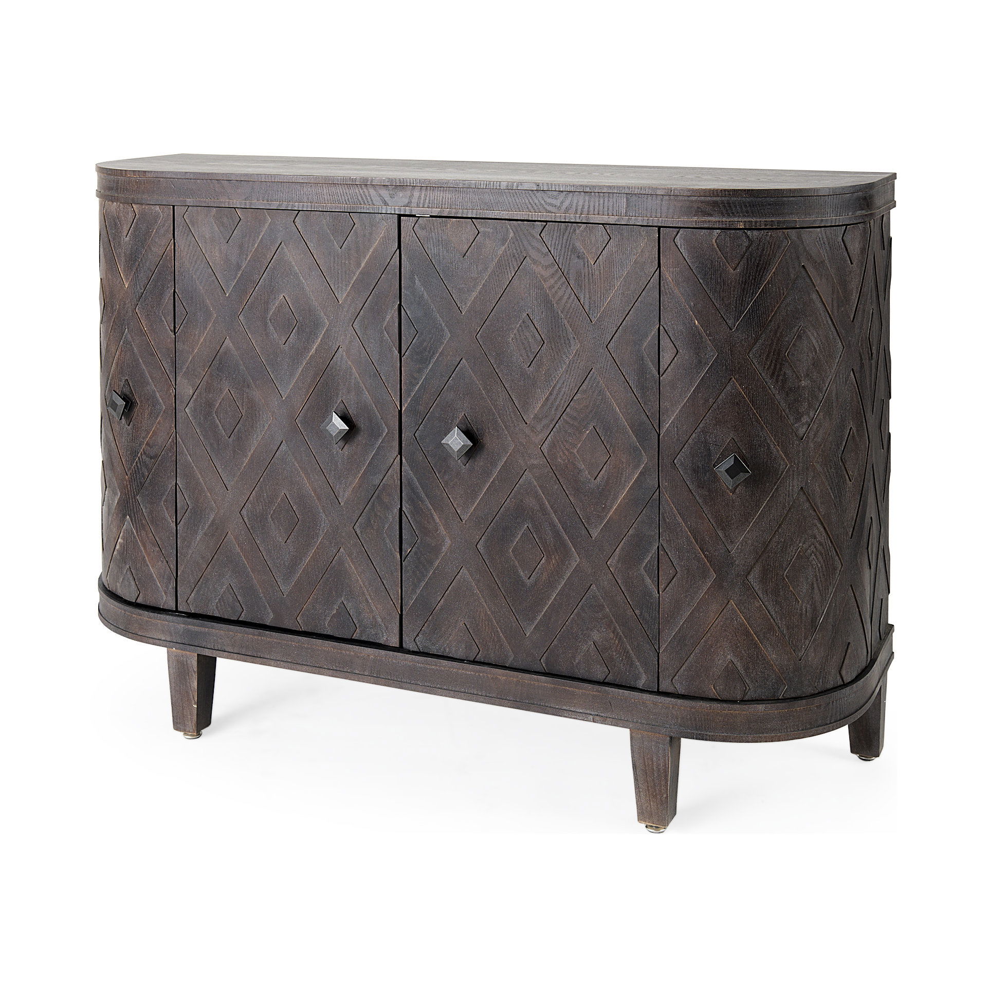 Lennon  Dark Brown Fir Veneer 4 Door Demilune Cabinet, Cabinets & Chest by Mercana, 47.24" length x 14.96" width x 33.07" height View 1