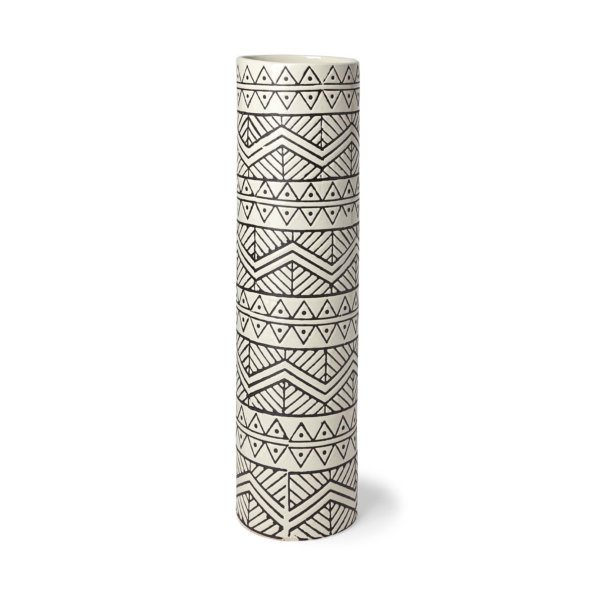 Uhura II Large Cream Black Patterned Cylindrical Ceramic Vase, by Mercana, 4.72" length x 4.72" width x 16.54" height View 1